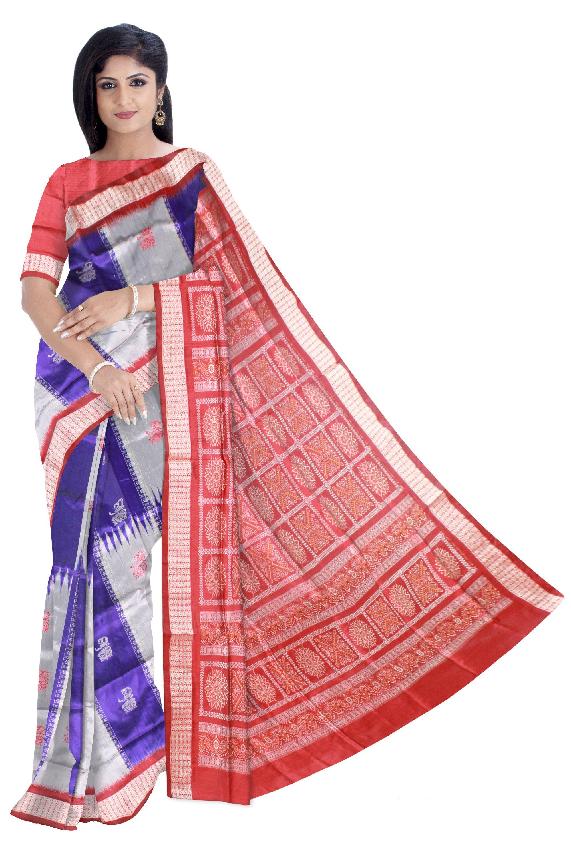 Blue & silver color Doll print Bomkei Pata Saree with blouse piece. - Koshali Arts & Crafts Enterprise