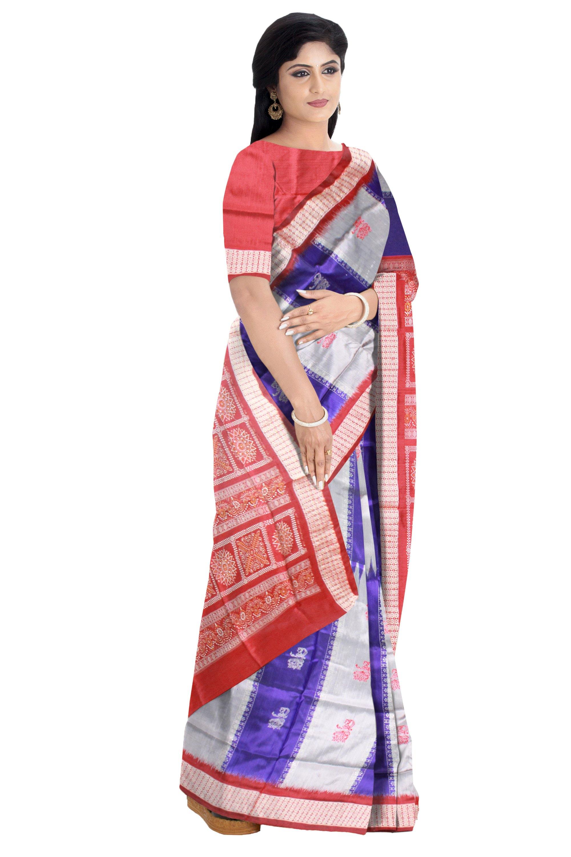 Blue & silver color Doll print Bomkei Pata Saree with blouse piece. - Koshali Arts & Crafts Enterprise