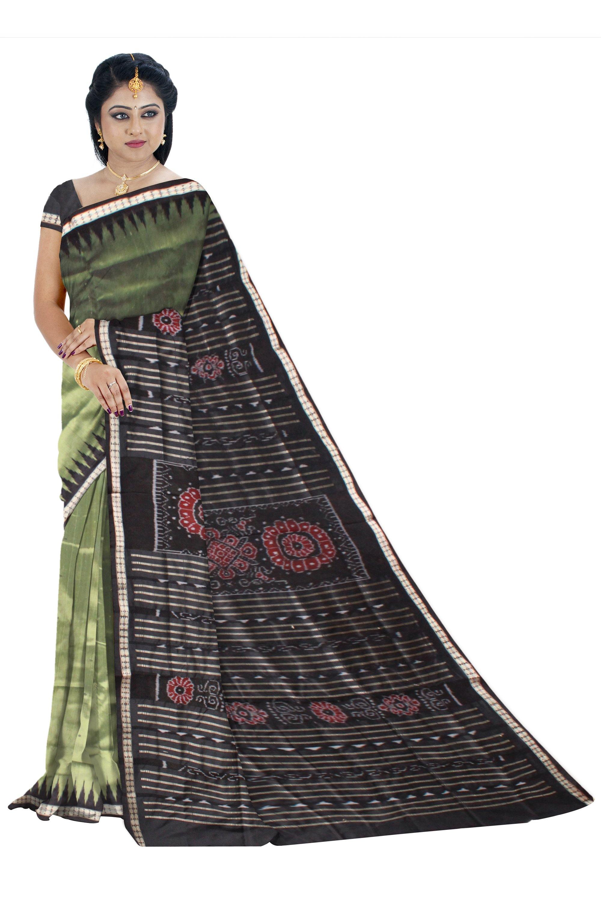 Olive & Black color Buti pattern Pata saree with blouse piece. - Koshali Arts & Crafts Enterprise