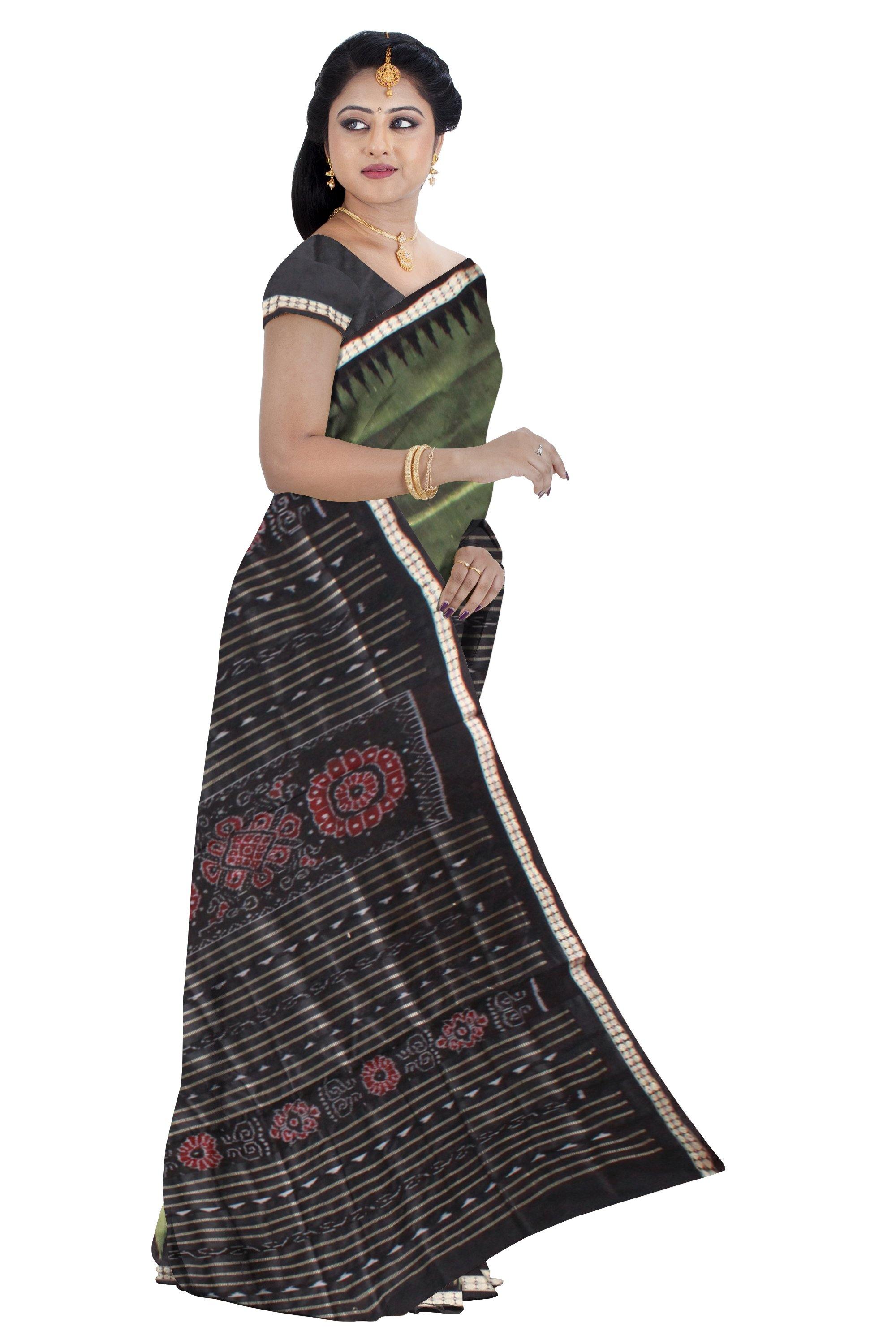 Olive & Black color Buti pattern Pata saree with blouse piece. - Koshali Arts & Crafts Enterprise