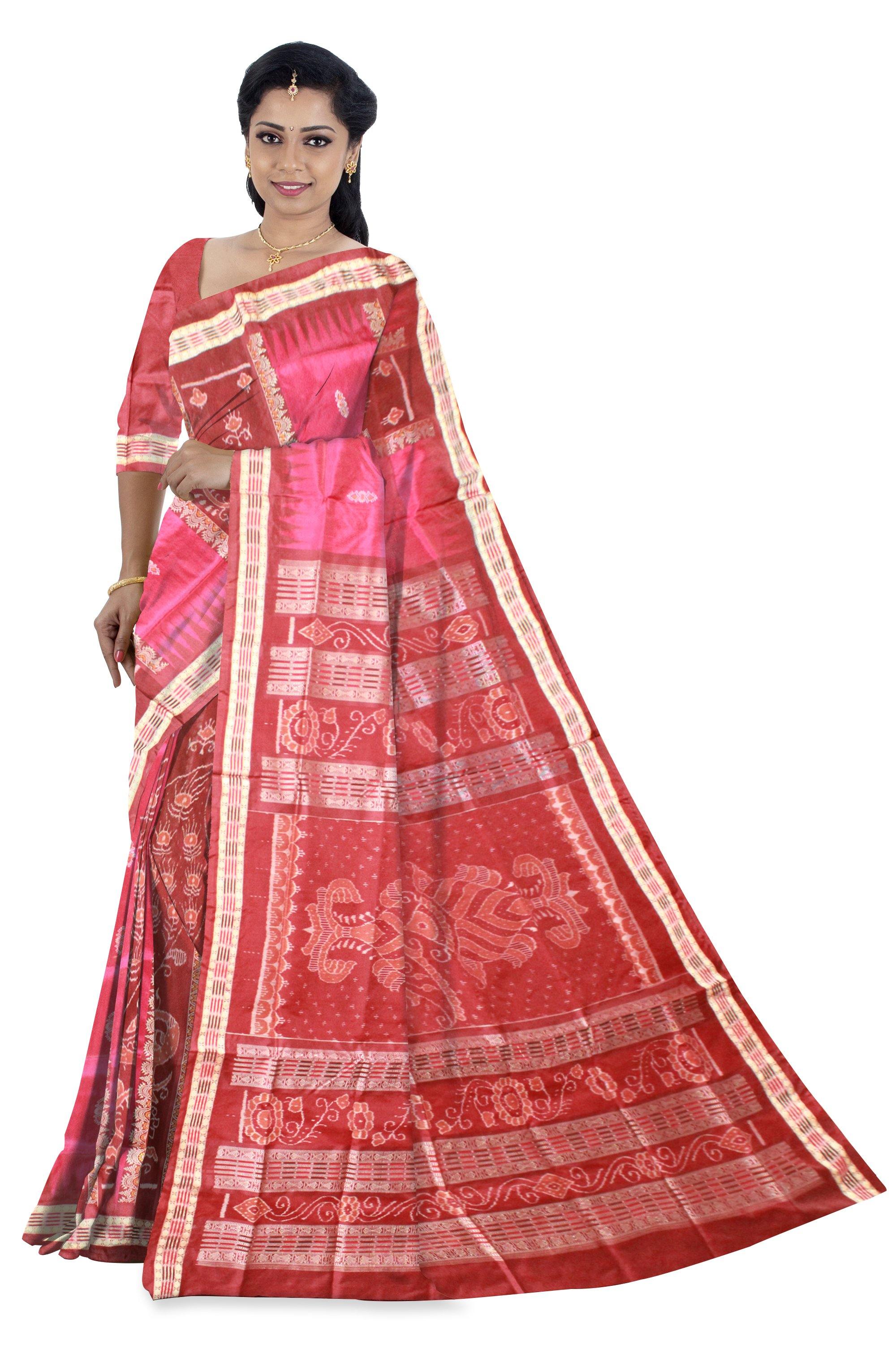 Pink and brown mix Pata saree with blouse piece. - Koshali Arts & Crafts Enterprise