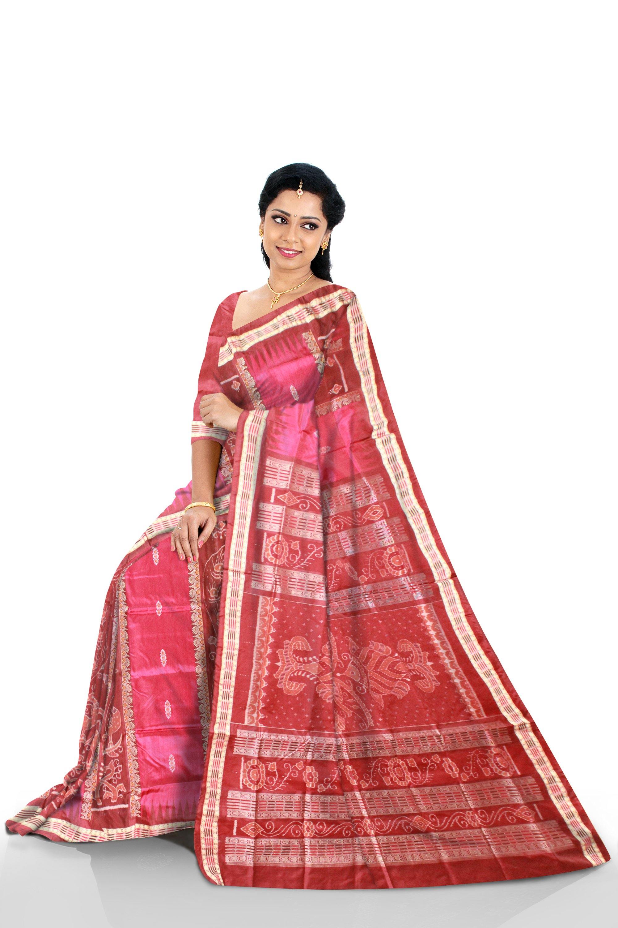 Pink and brown mix Pata saree with blouse piece. - Koshali Arts & Crafts Enterprise