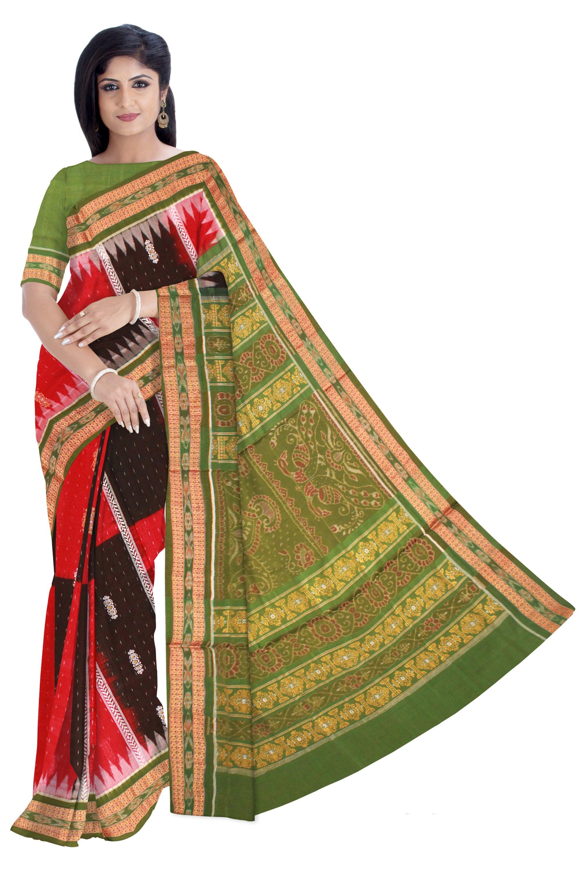 Maroon and black dual color Sambalpuri cotton saree with blouse piece. - Koshali Arts & Crafts Enterprise