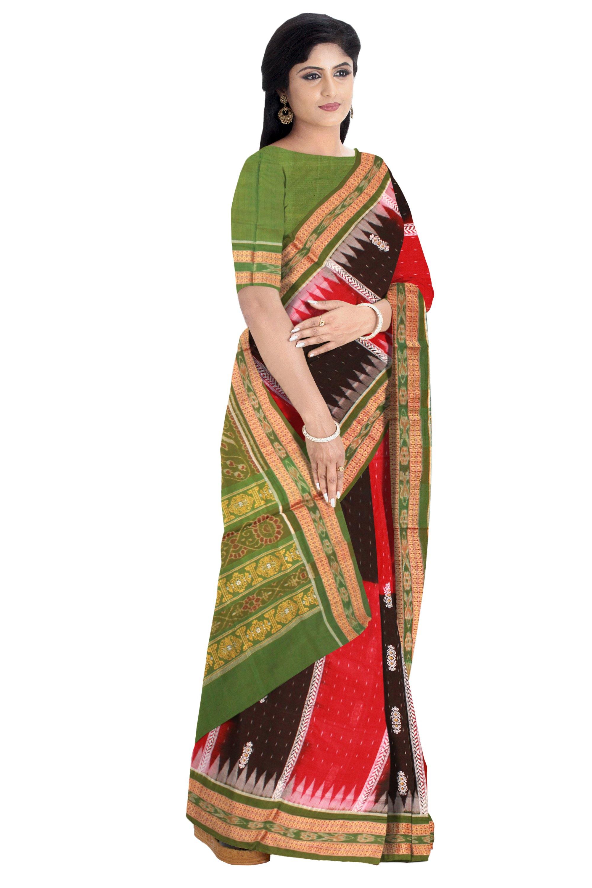 Maroon and black dual color Sambalpuri cotton saree with blouse piece. - Koshali Arts & Crafts Enterprise