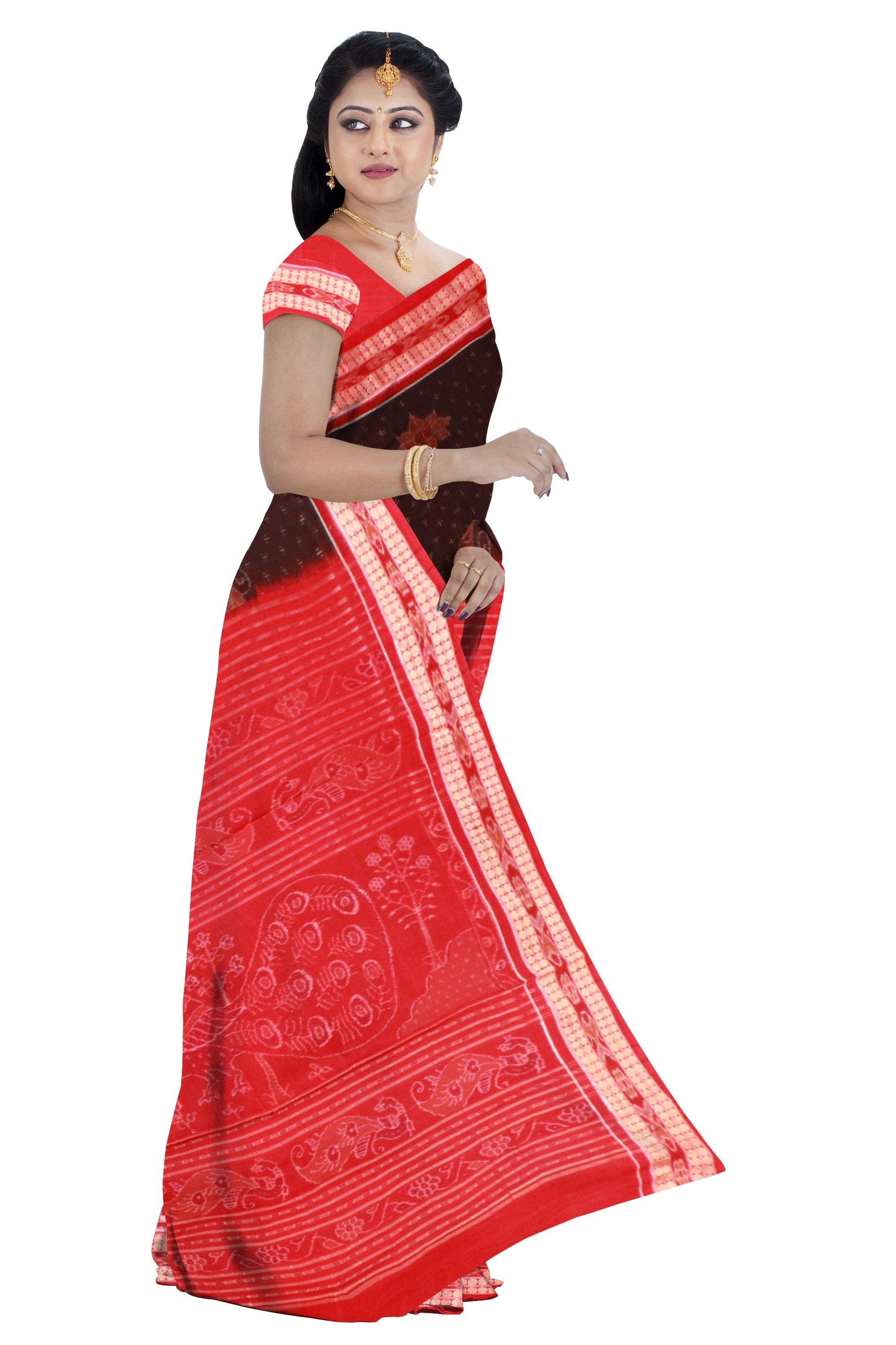 Sambalpuri cotton Ikat saree in blown color and Pasapali border. Available with blouse piece. - Koshali Arts & Crafts Enterprise