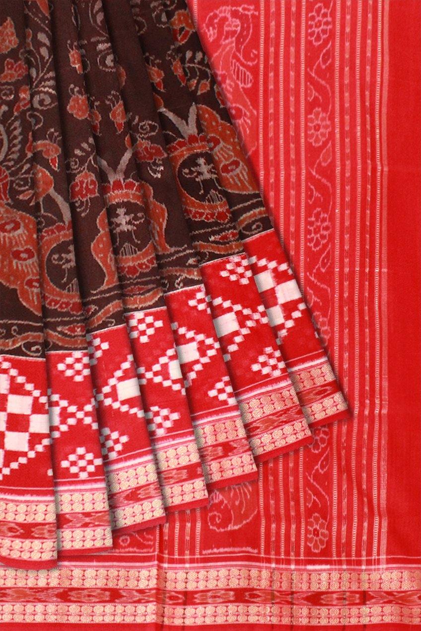 Sambalpuri cotton Ikat saree in blown color and Pasapali border. Available with blouse piece. - Koshali Arts & Crafts Enterprise