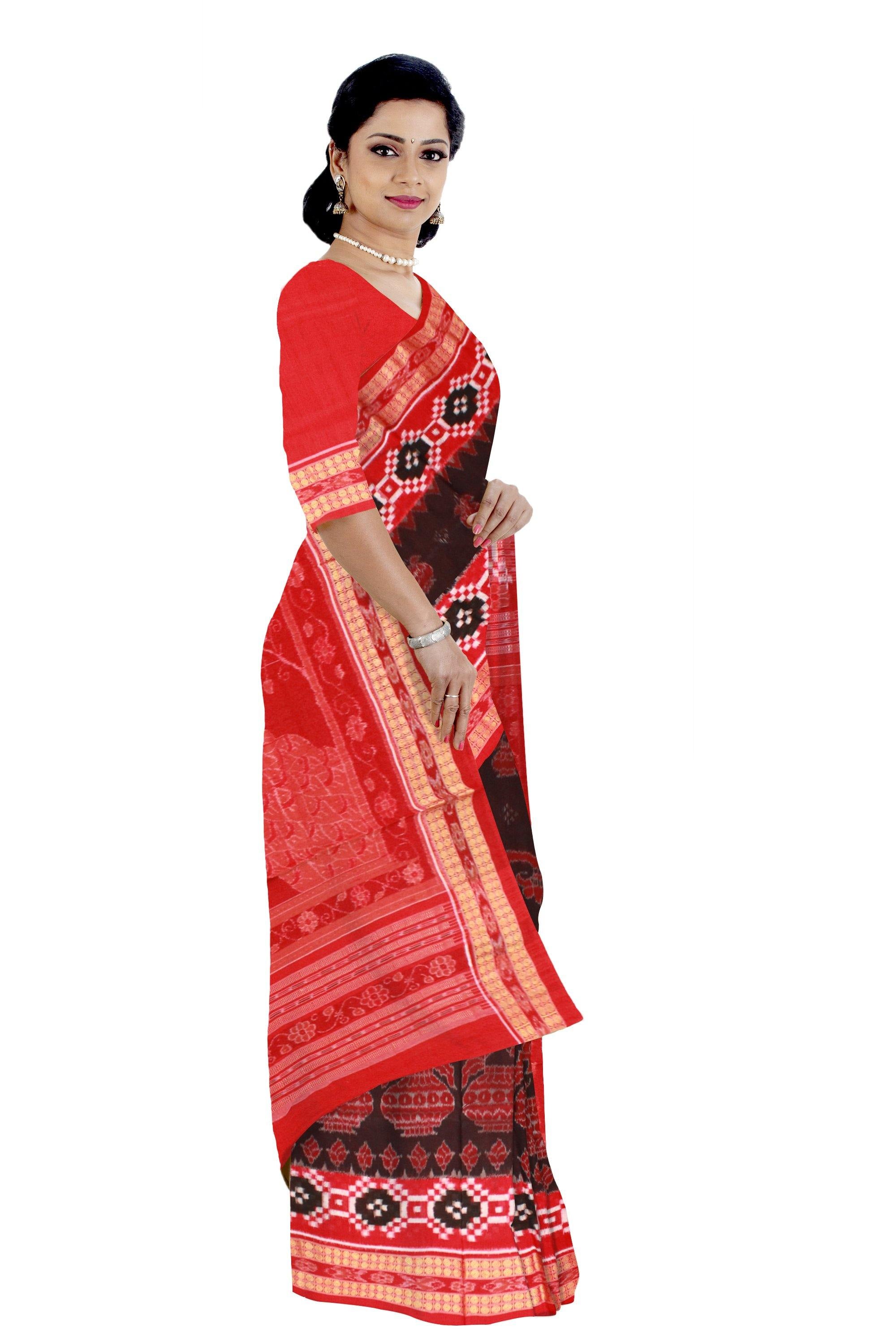 Sambalpuri cotton Ikat saree in blown and red color and Pasapali border. Available with blouse piece. - Koshali Arts & Crafts Enterprise