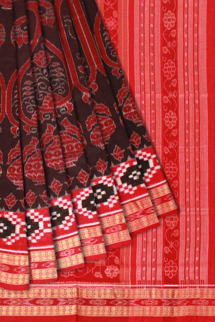 Sambalpuri cotton Ikat saree in blown and red color and Pasapali border. Available with blouse piece. - Koshali Arts & Crafts Enterprise