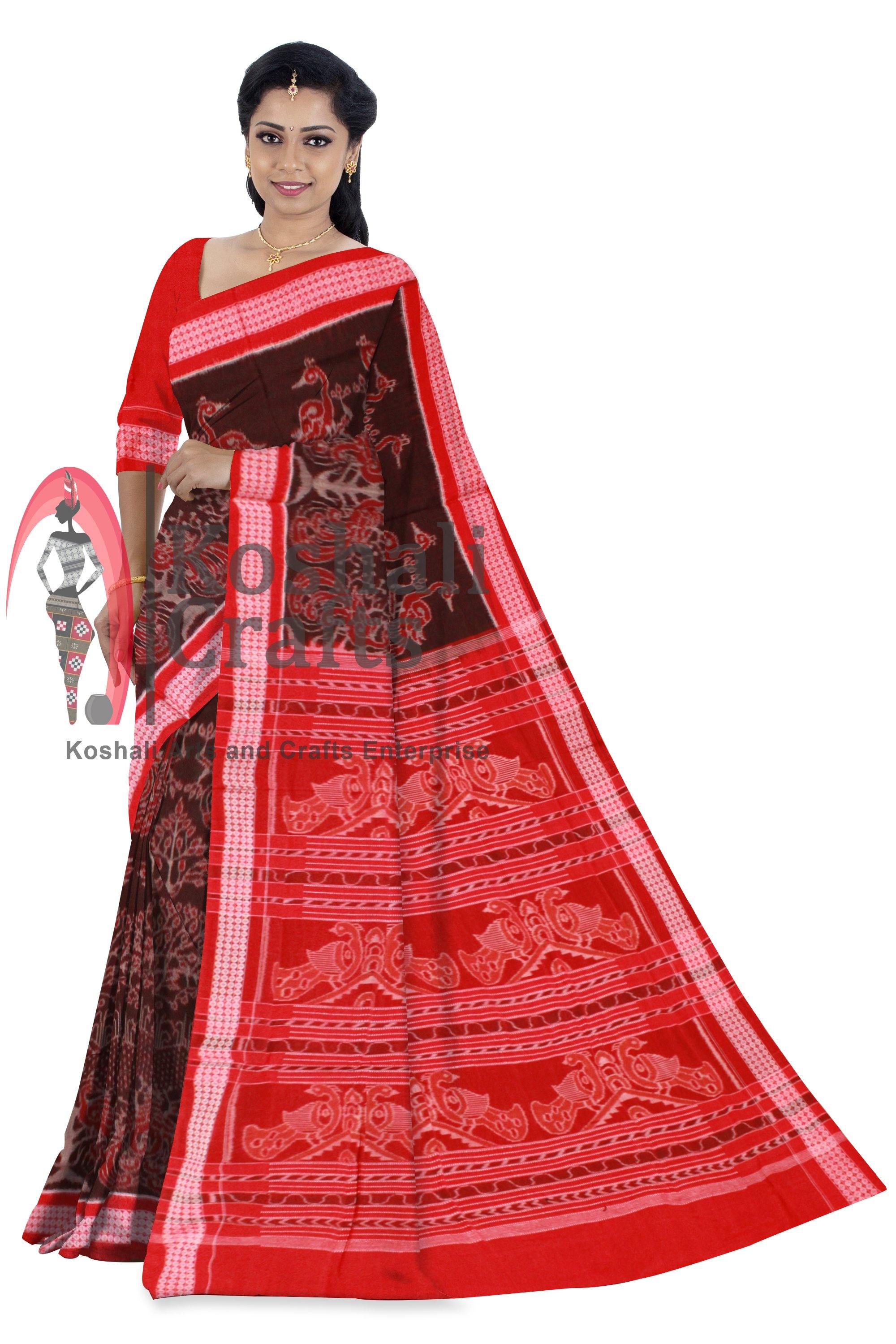 Samablpuri Mayura print brown color cotton ikat saree with blouse piece. - Koshali Arts & Crafts Enterprise