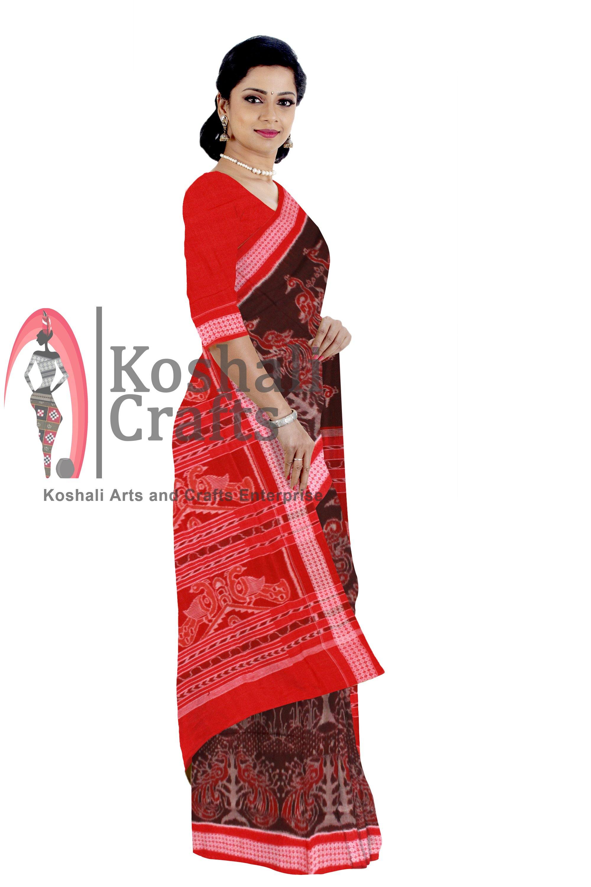 Samablpuri Mayura print brown color cotton ikat saree with blouse piece. - Koshali Arts & Crafts Enterprise