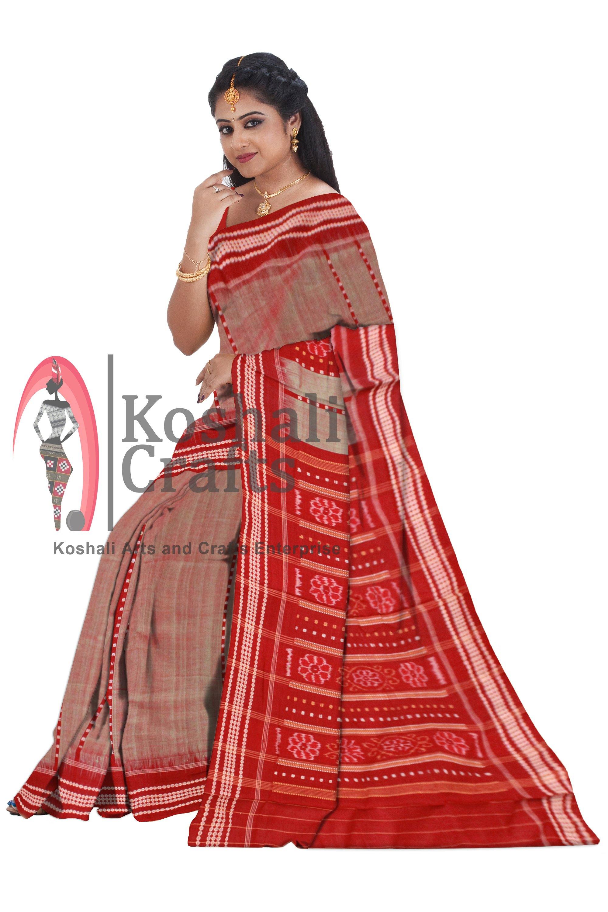 Sambalpuri Maroon and Light blue color Cotton saree. - Koshali Arts & Crafts Enterprise