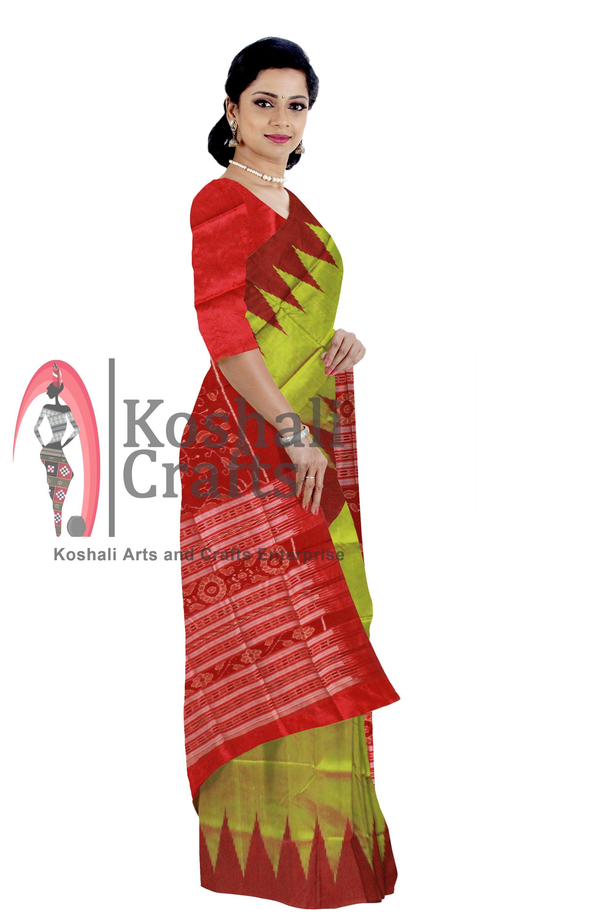 Green color Kumbha design Sambalpuri Pata saree with Blouse piece. - Koshali Arts & Crafts Enterprise