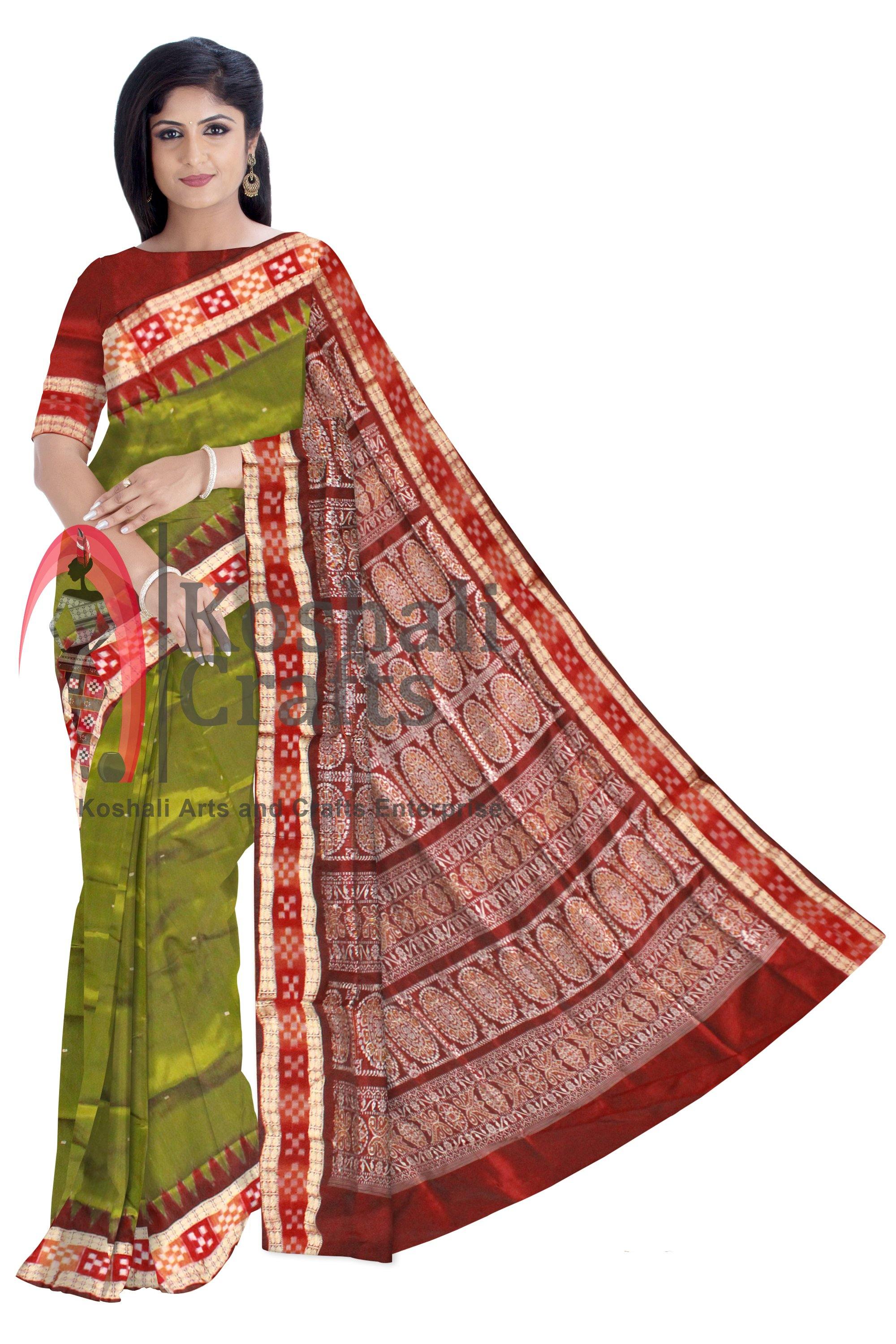 Green color buti pattern Sambalpuri pata saree with Pasapali border, Blouse piece available. - Koshali Arts & Crafts Enterprise