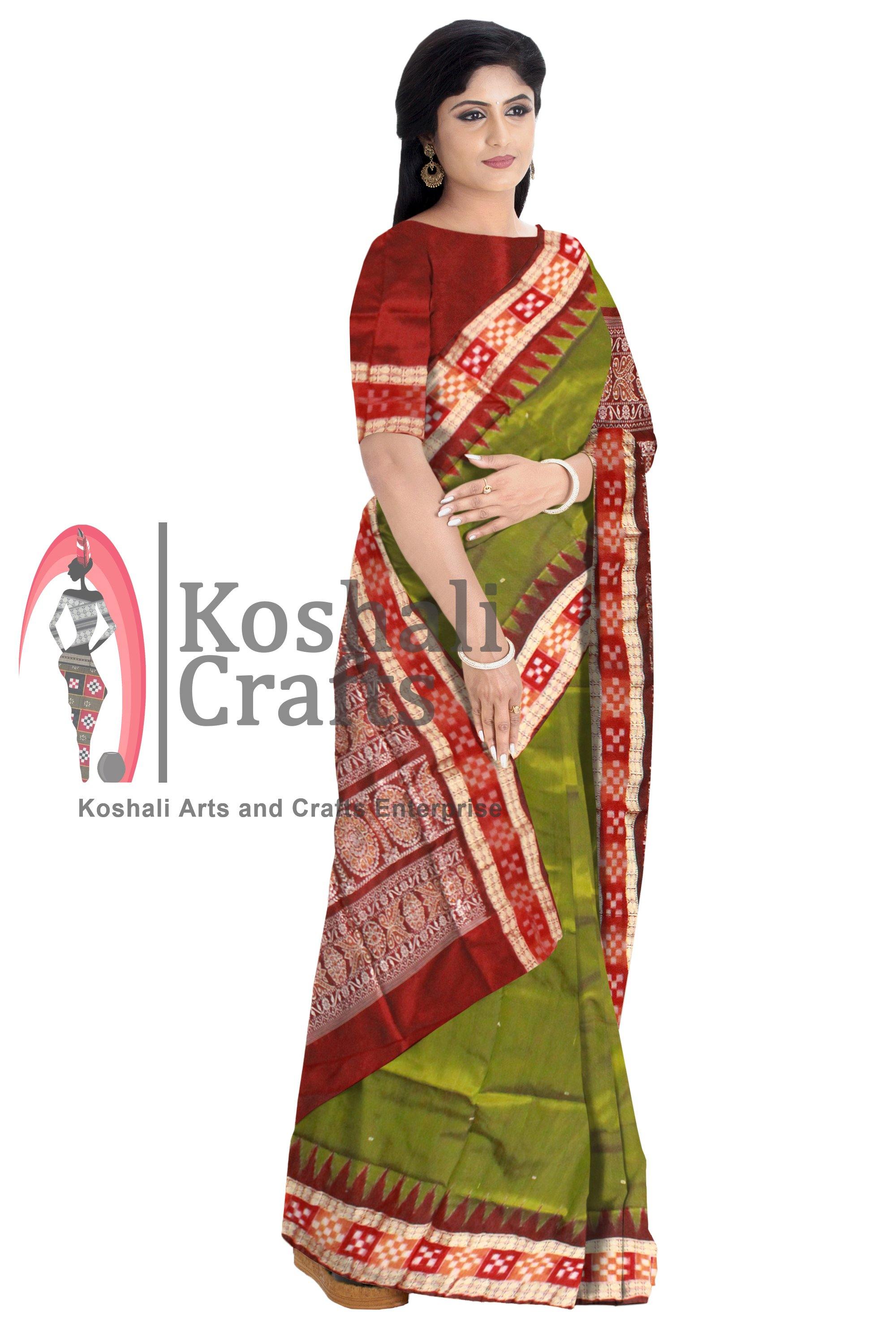 Green color buti pattern Sambalpuri pata saree with Pasapali border, Blouse piece available. - Koshali Arts & Crafts Enterprise