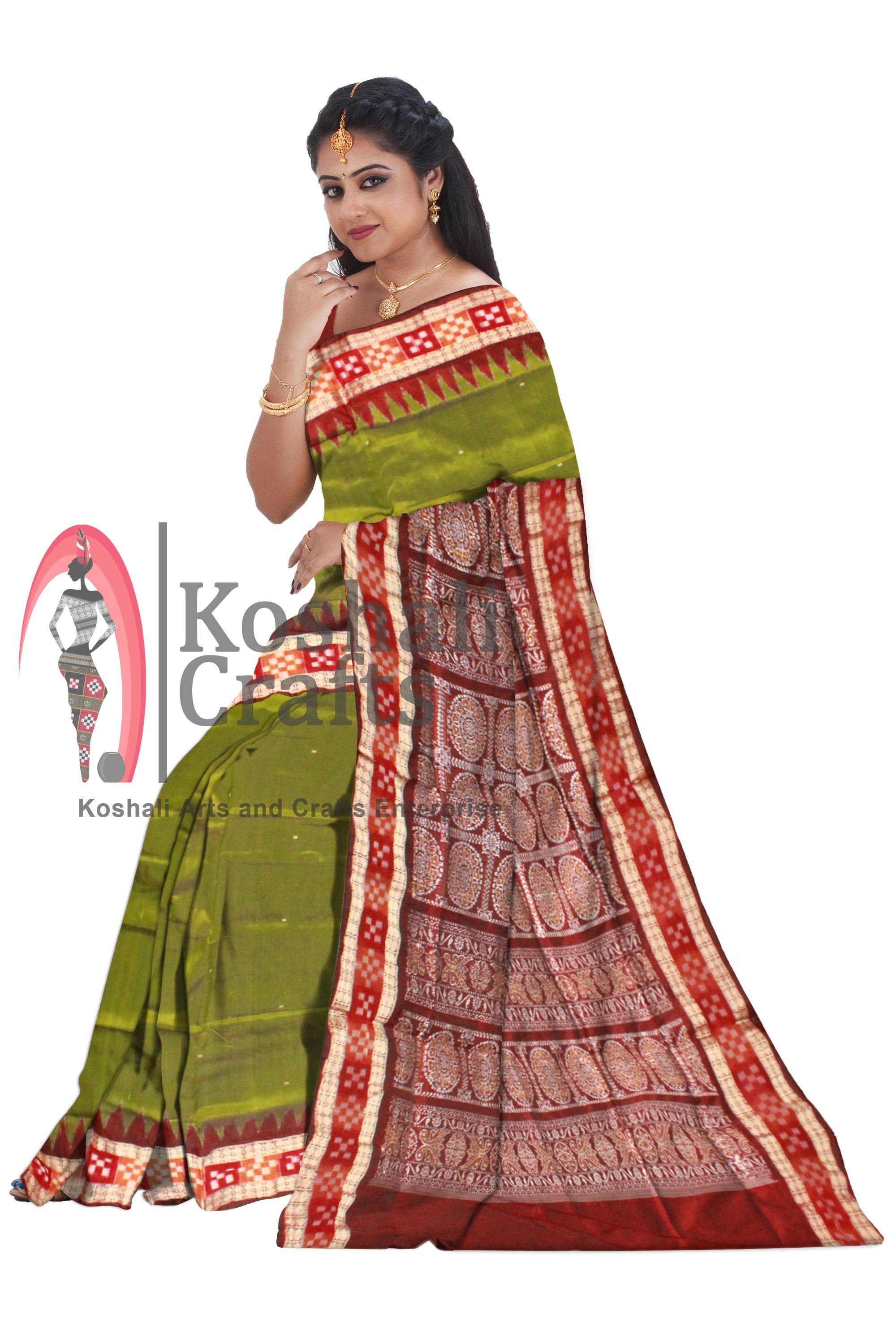 Green color buti pattern Sambalpuri pata saree with Pasapali border, Blouse piece available. - Koshali Arts & Crafts Enterprise