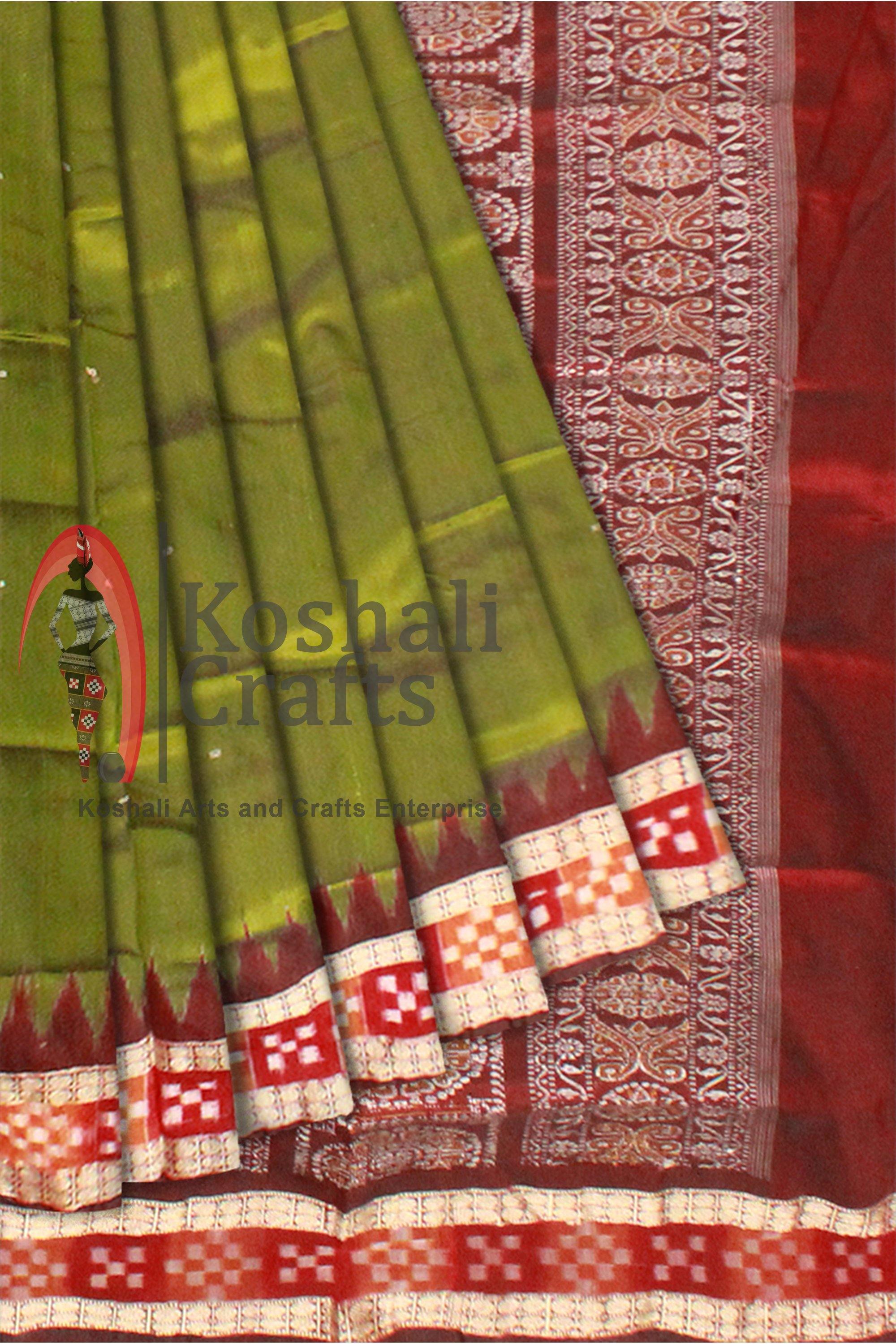 Green color buti pattern Sambalpuri pata saree with Pasapali border, Blouse piece available. - Koshali Arts & Crafts Enterprise