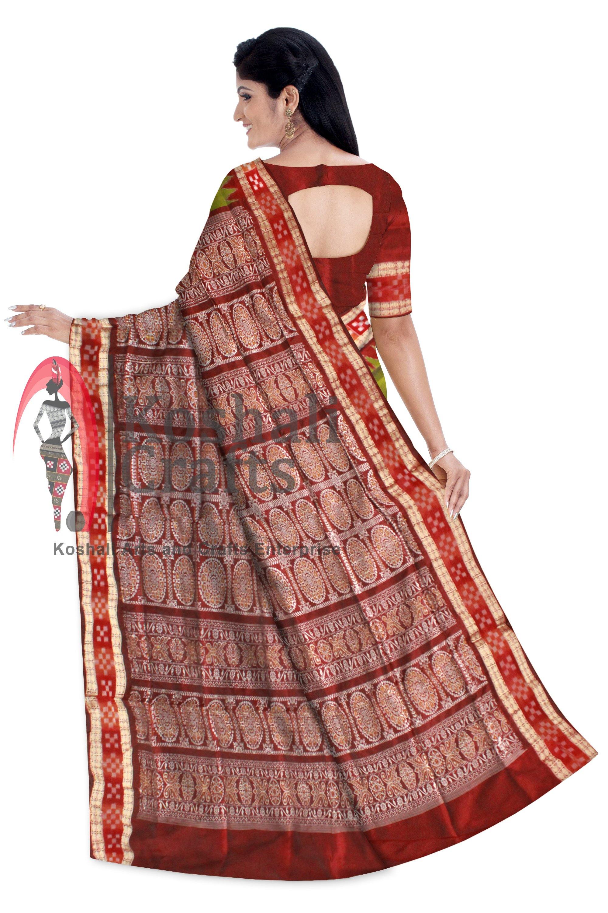 Green color buti pattern Sambalpuri pata saree with Pasapali border, Blouse piece available. - Koshali Arts & Crafts Enterprise