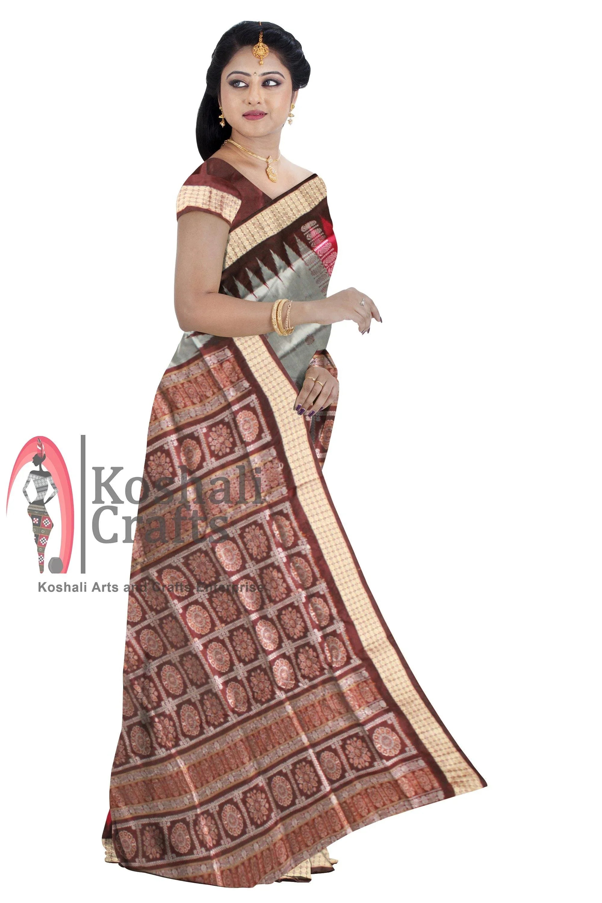 A Sambalpuri Pata saree in Pink and Gray color Available with blouse piece. - Koshali Arts & Crafts Enterprise