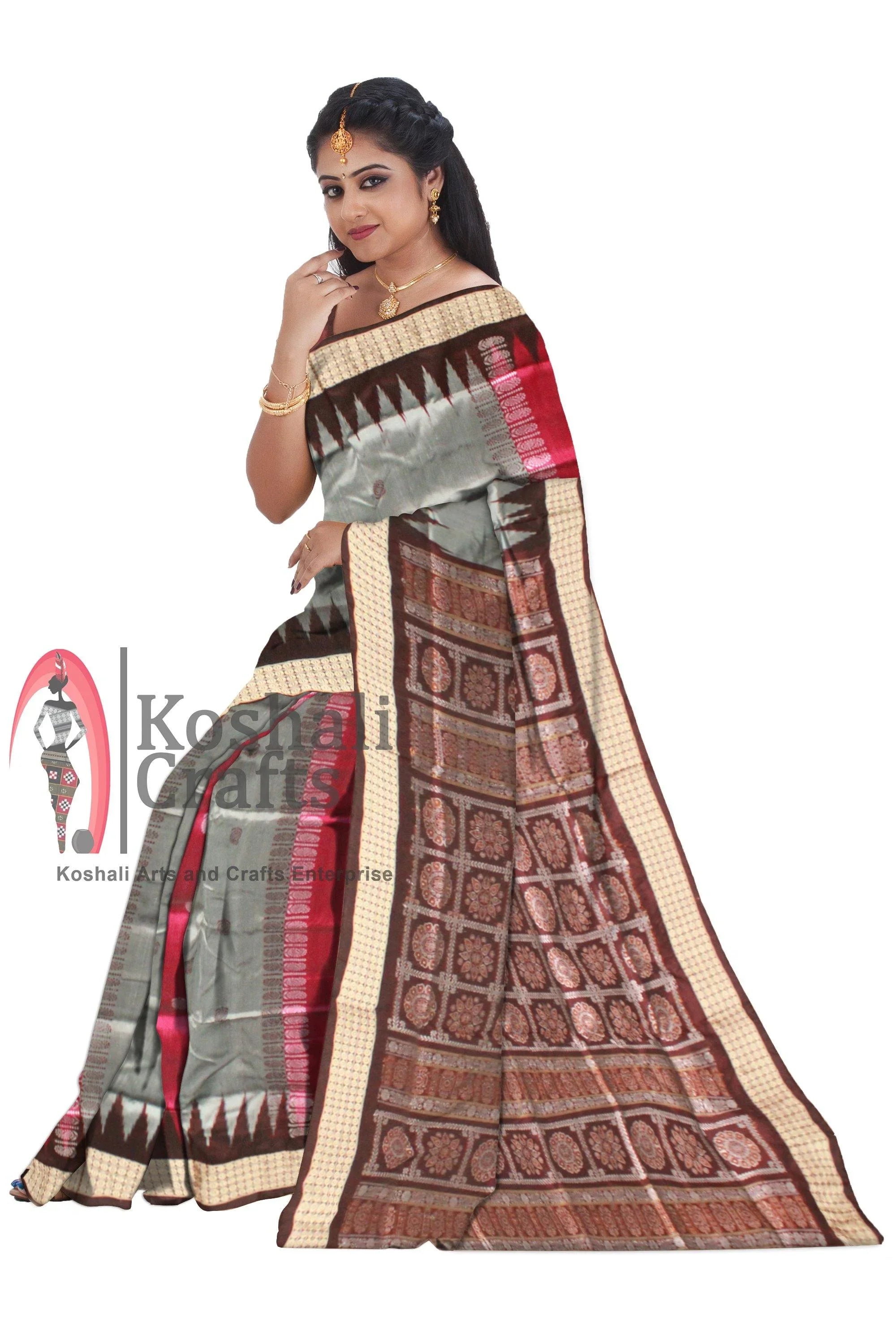 A Sambalpuri Pata saree in Pink and Gray color Available with blouse piece. - Koshali Arts & Crafts Enterprise