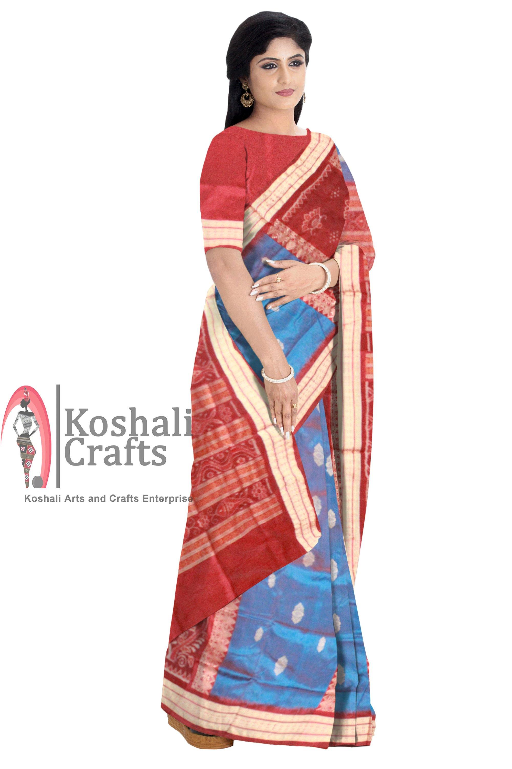 Blue and Brown mix Sambalpuri Pata Saree with blouse piece. - Koshali Arts & Crafts Enterprise