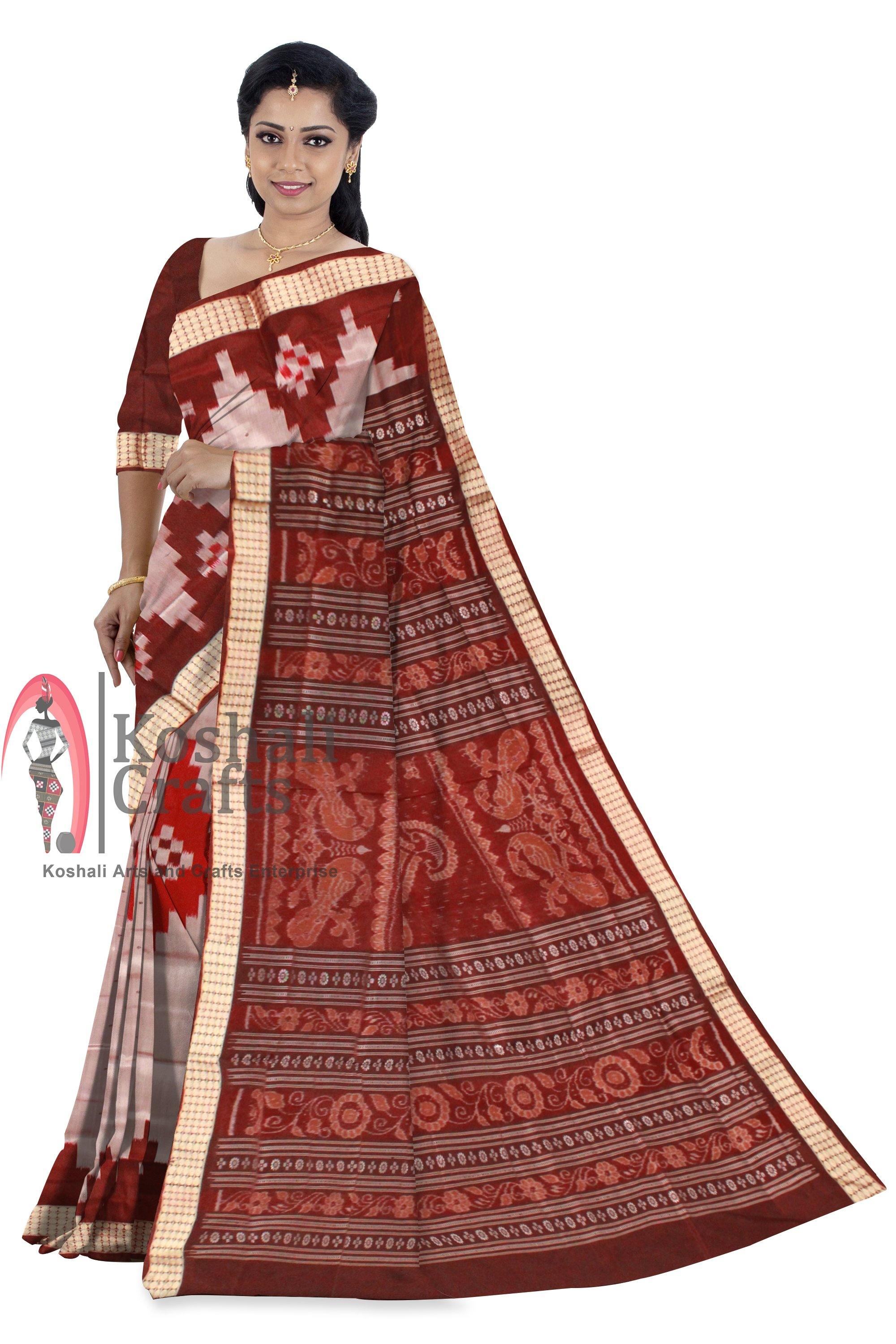 Gray color Milan design Sambalpuri Pata saree with blouse piece. - Koshali Arts & Crafts Enterprise