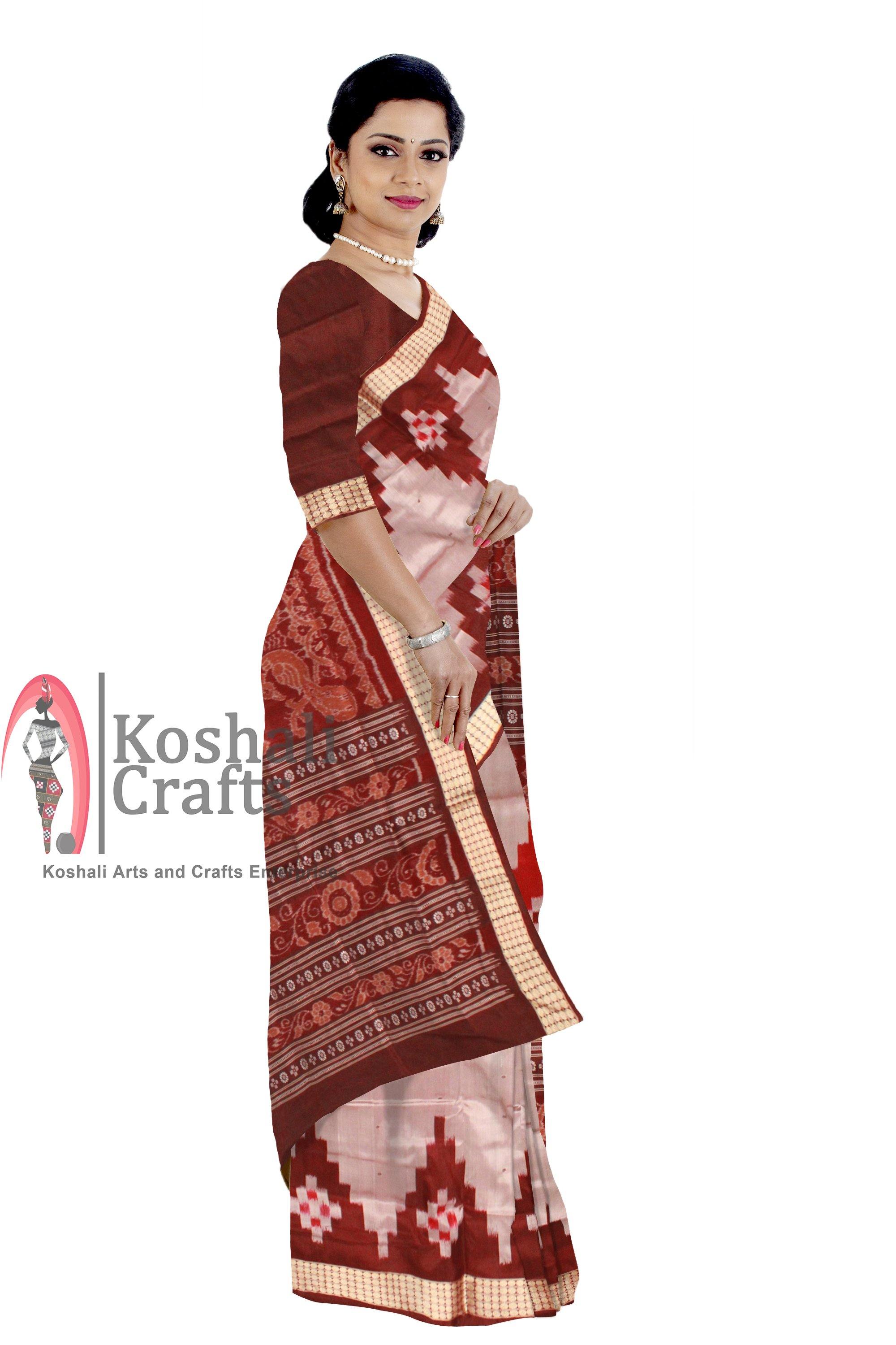 Gray color Milan design Sambalpuri Pata saree with blouse piece. - Koshali Arts & Crafts Enterprise