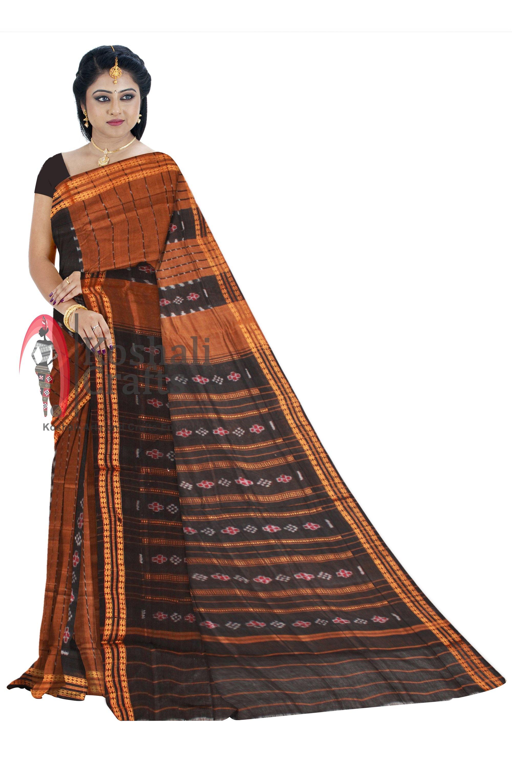 Brown color Sambalpuri cotton saree, without Blouse piece. - Koshali Arts & Crafts Enterprise