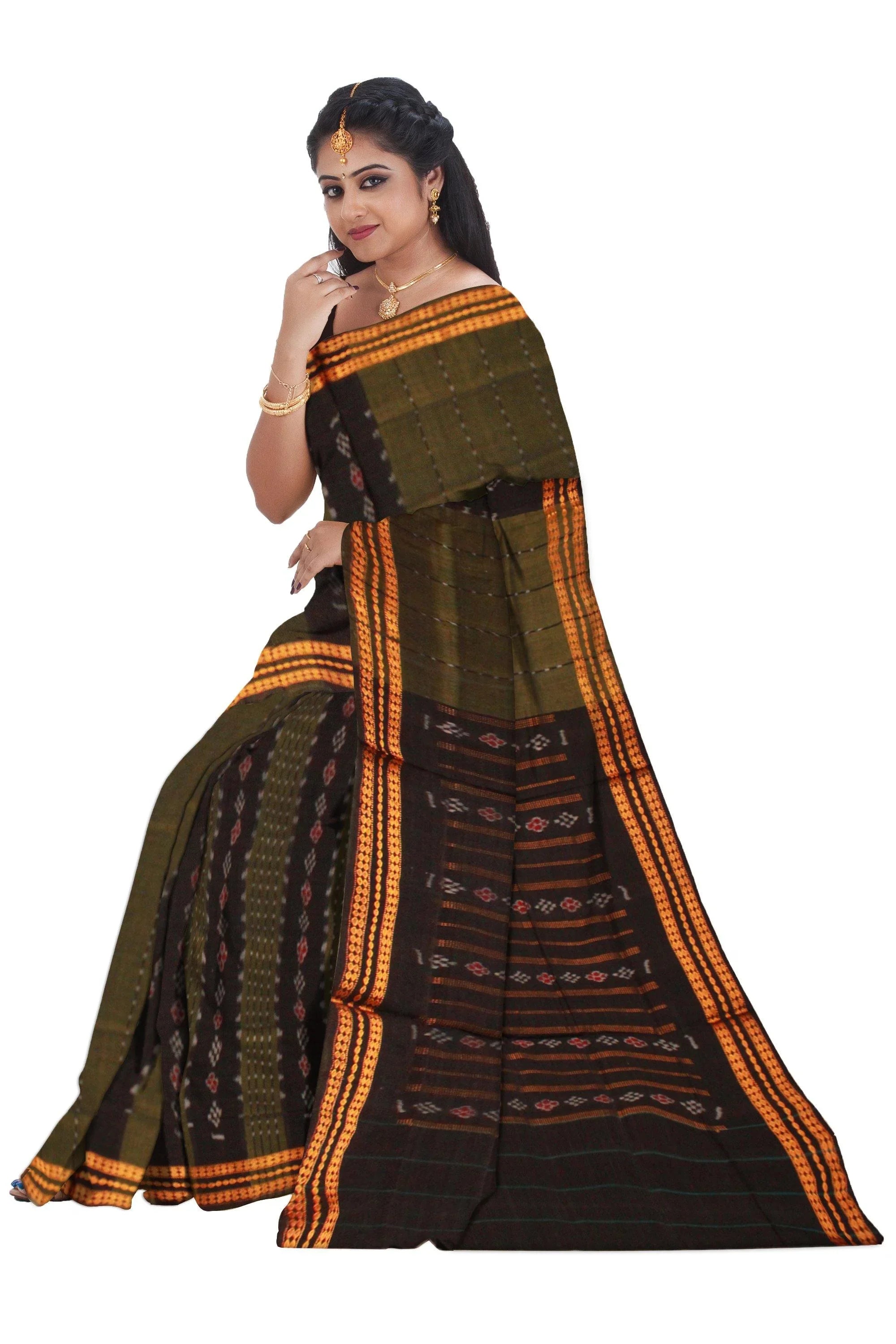 Leaf Green color Sambalpuri cotton saree, without Blouse piece. - Koshali Arts & Crafts Enterprise