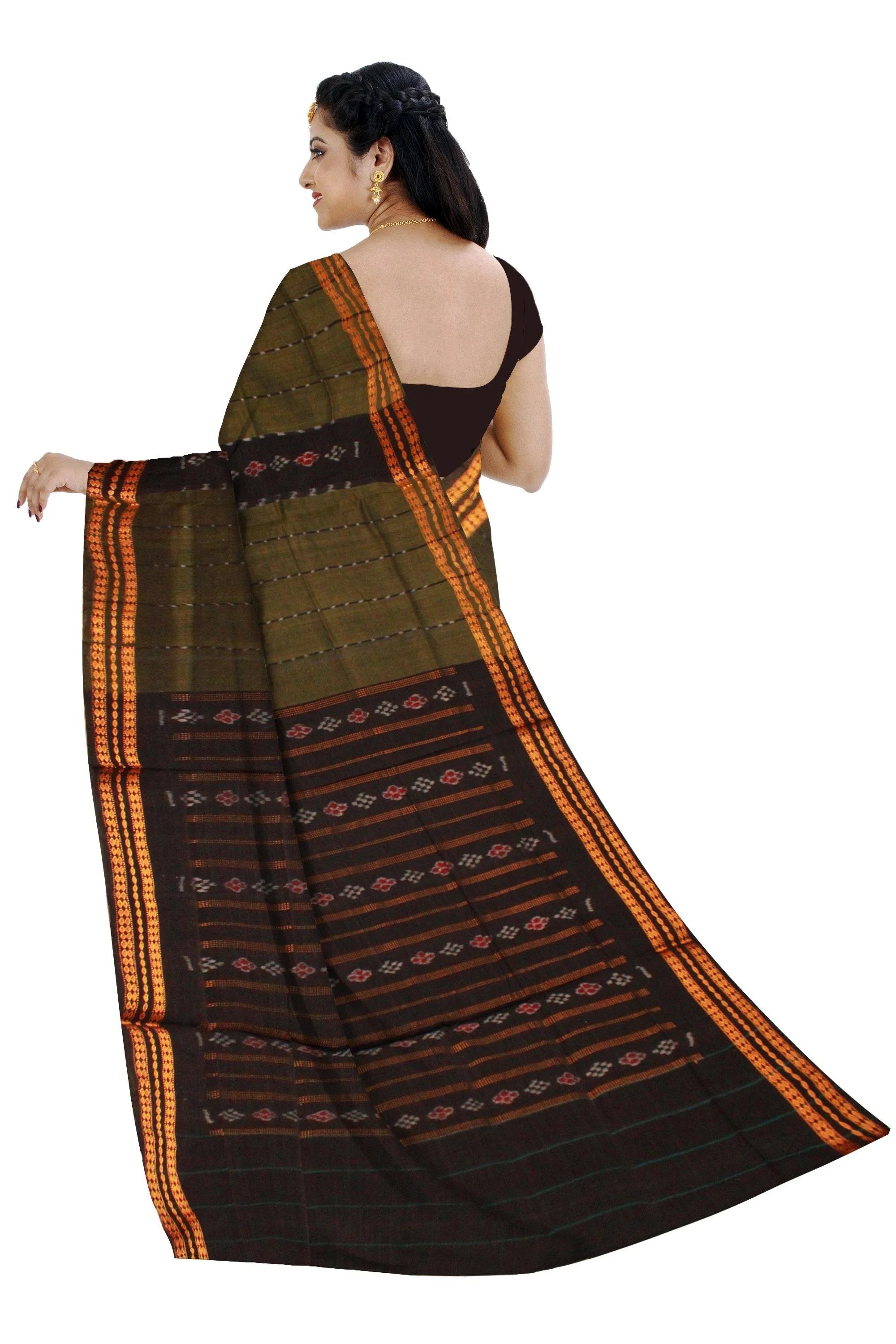 Leaf Green color Sambalpuri cotton saree, without Blouse piece. - Koshali Arts & Crafts Enterprise