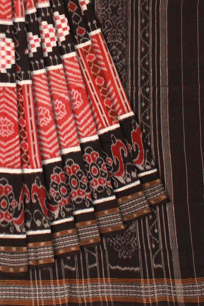 Sambalpuri cotton pasapali saree in Maroon and Black color. Without blouse piece - Koshali Arts & Crafts Enterprise