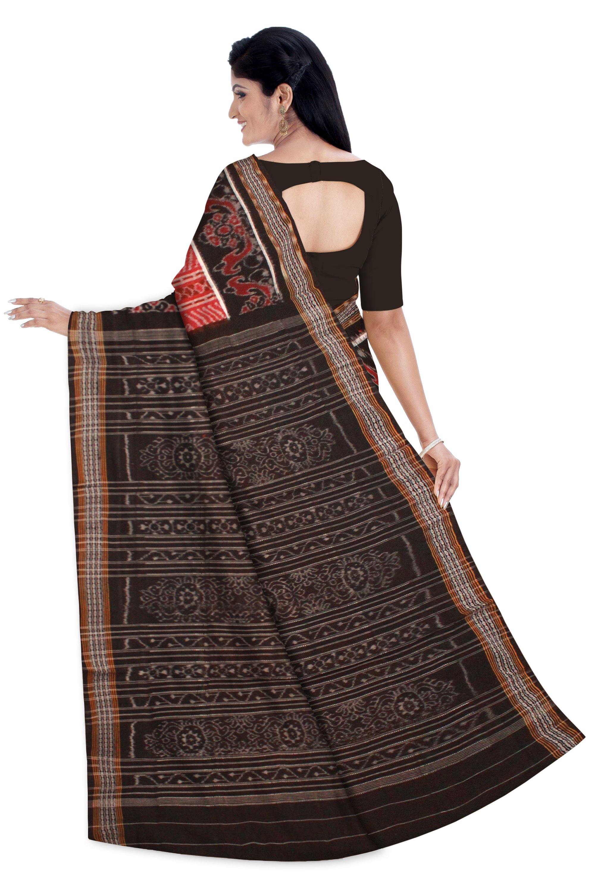 Sambalpuri cotton pasapali saree in Maroon and Black color. Without blouse piece - Koshali Arts & Crafts Enterprise