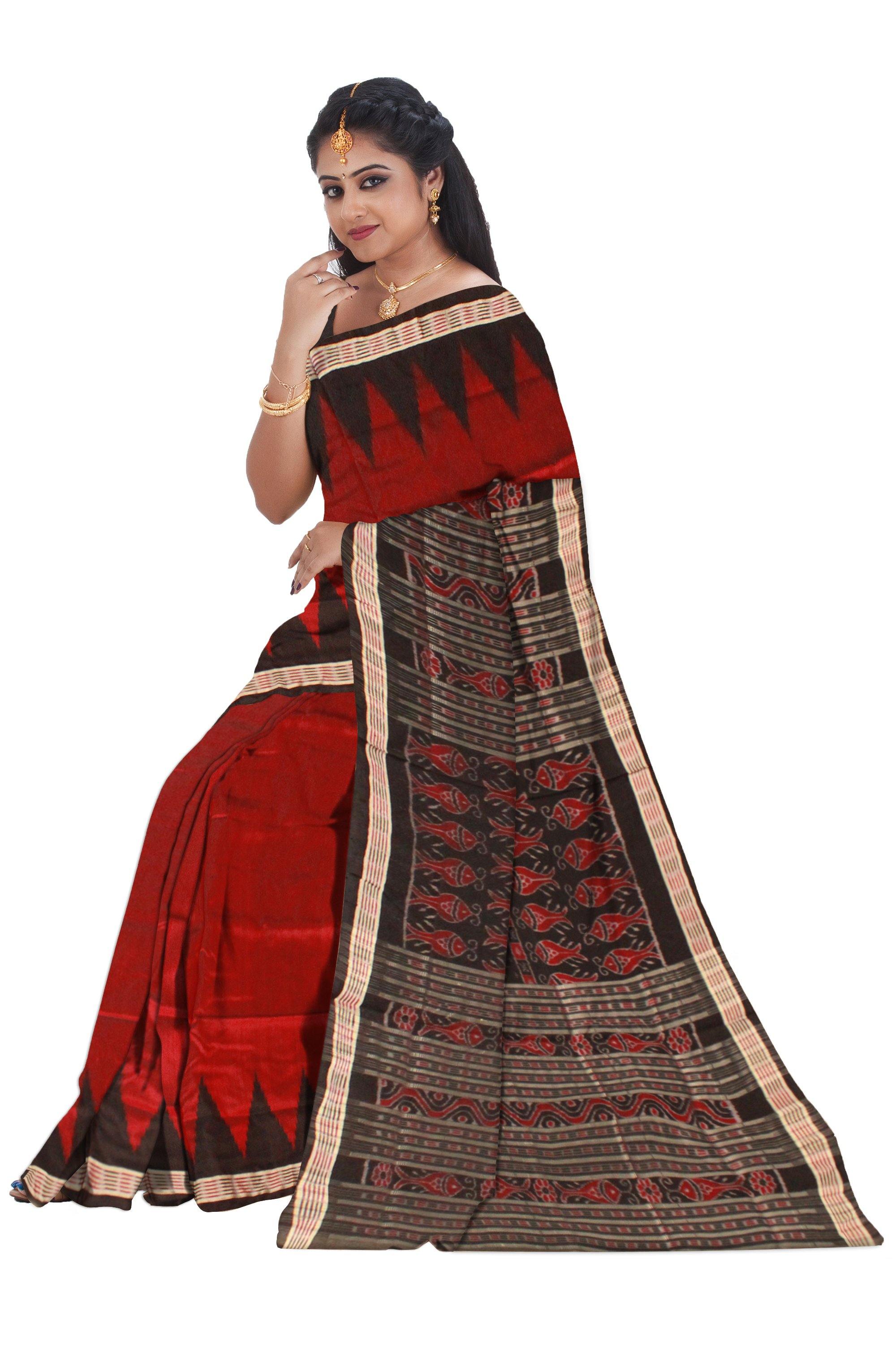 Maroon color Kumbha Border Sambalpuri Pata saree with Blouse piece - Koshali Arts & Crafts Enterprise