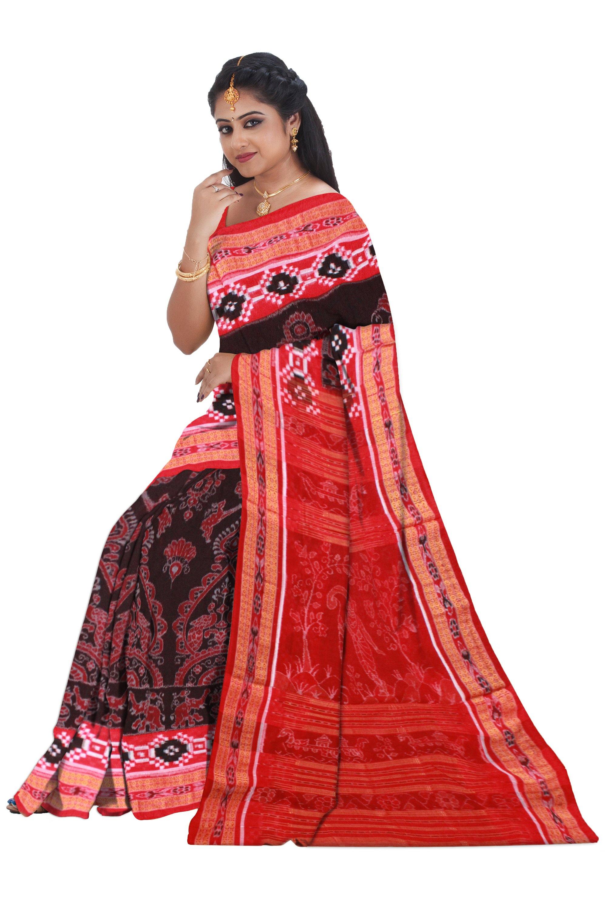 Sambalpuri Flora design Pure cotton saree with pasapali border in Coffee Colour, with blouse piece - Koshali Arts & Crafts Enterprise