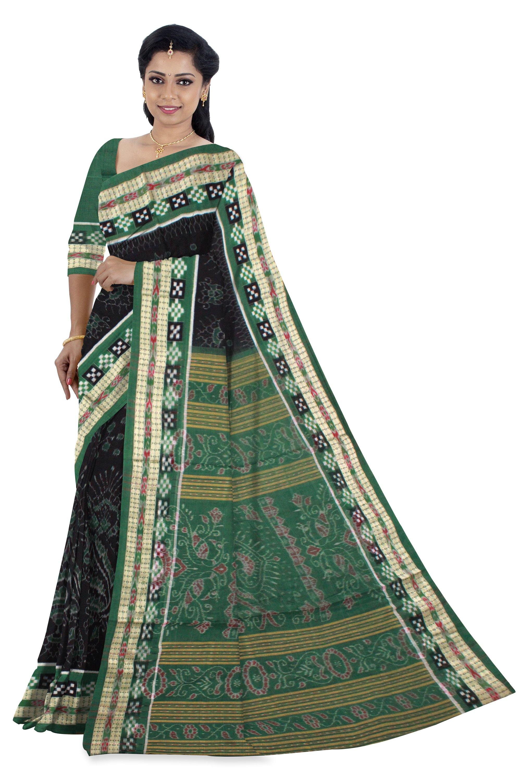 Sambalpuri Flora design Pure cotton saree in Black & Green with Pasapali border, with blouse piece - Koshali Arts & Crafts Enterprise