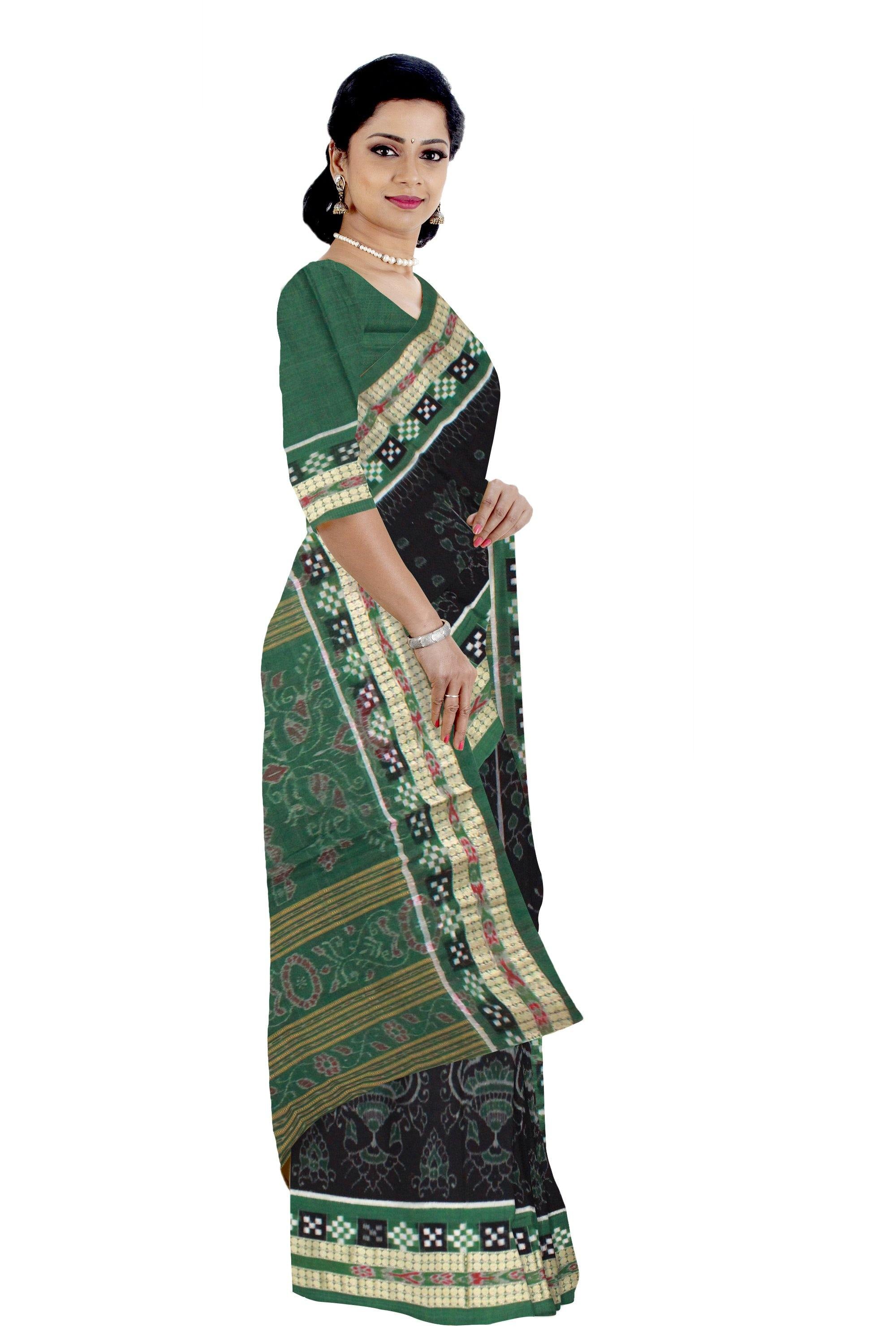 Sambalpuri Flora design Pure cotton saree in Black & Green with Pasapali border, with blouse piece - Koshali Arts & Crafts Enterprise