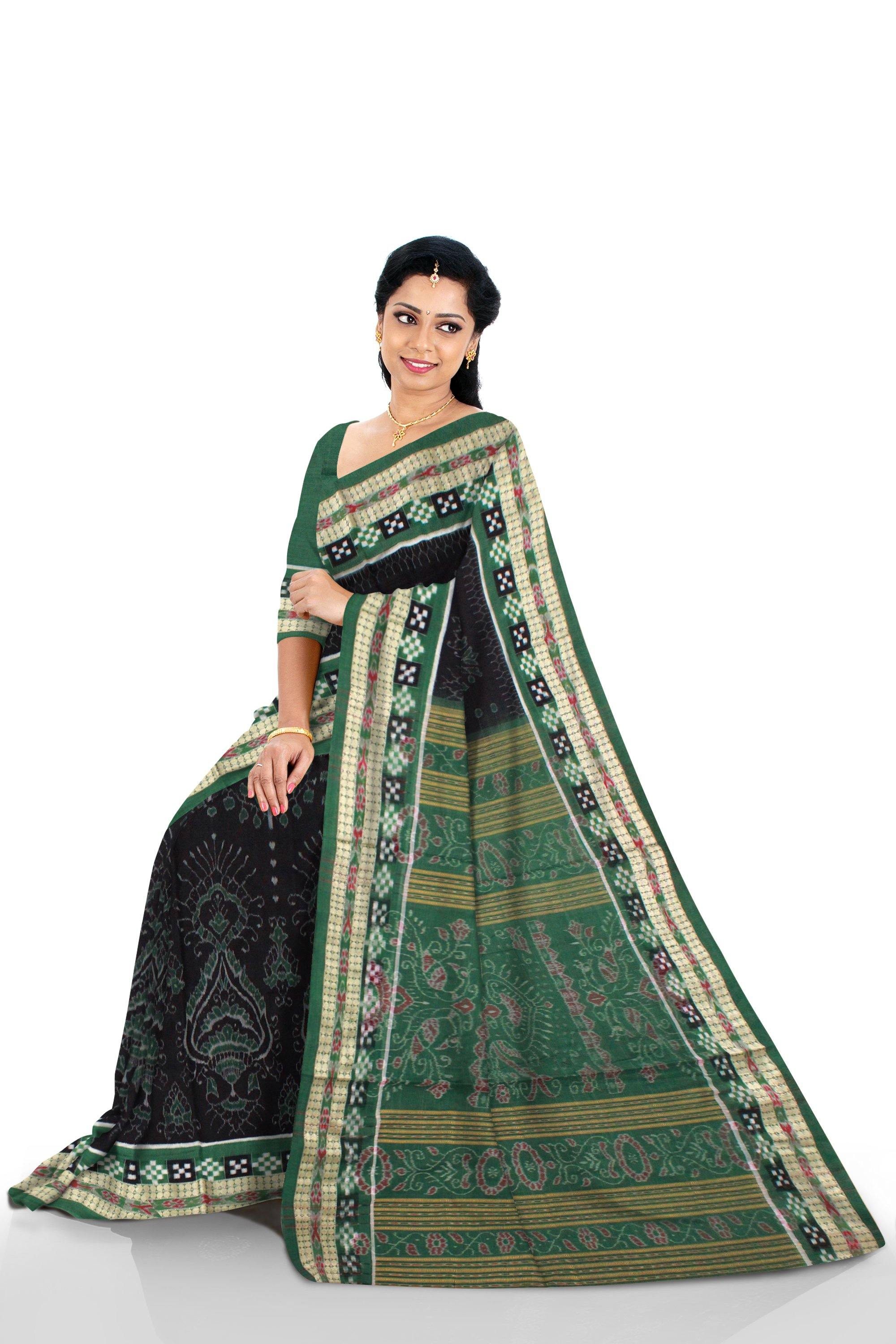 Sambalpuri Flora design Pure cotton saree in Black & Green with Pasapali border, with blouse piece - Koshali Arts & Crafts Enterprise