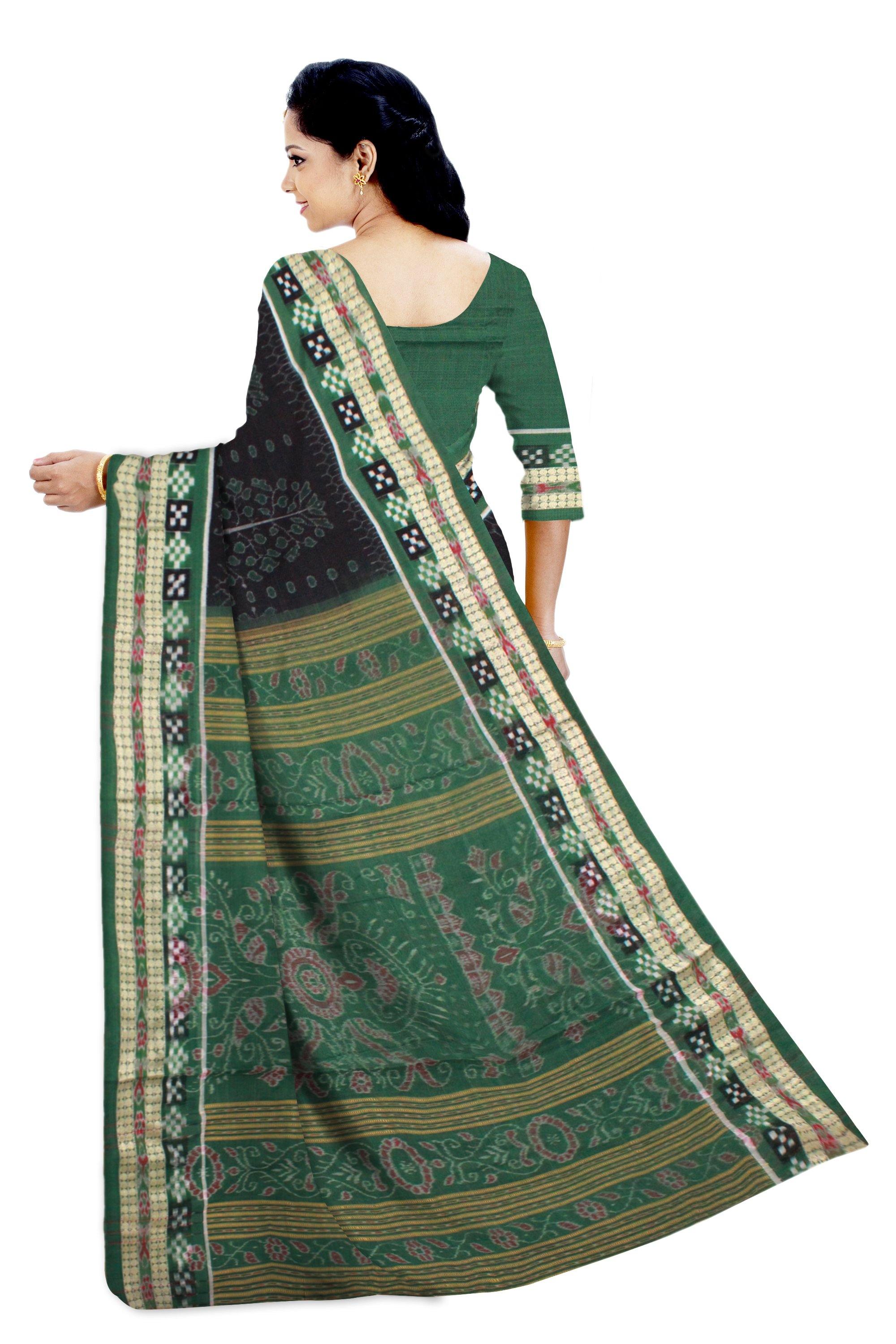 Sambalpuri Flora design Pure cotton saree in Black & Green with Pasapali border, with blouse piece - Koshali Arts & Crafts Enterprise