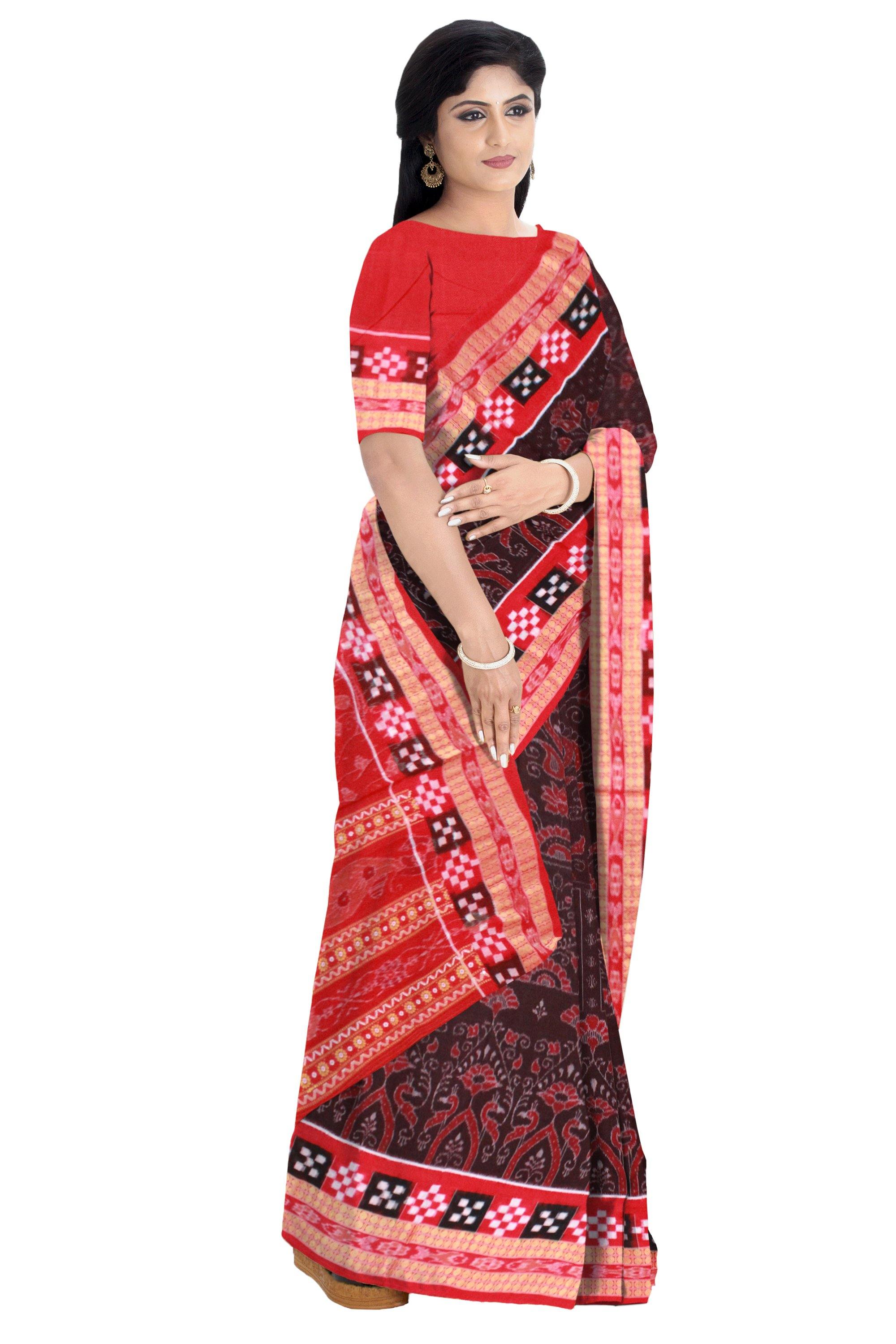 Sambalpuri Flora design Pure cotton saree in Coffee colour with Pasapali border, with blouse piece - Koshali Arts & Crafts Enterprise