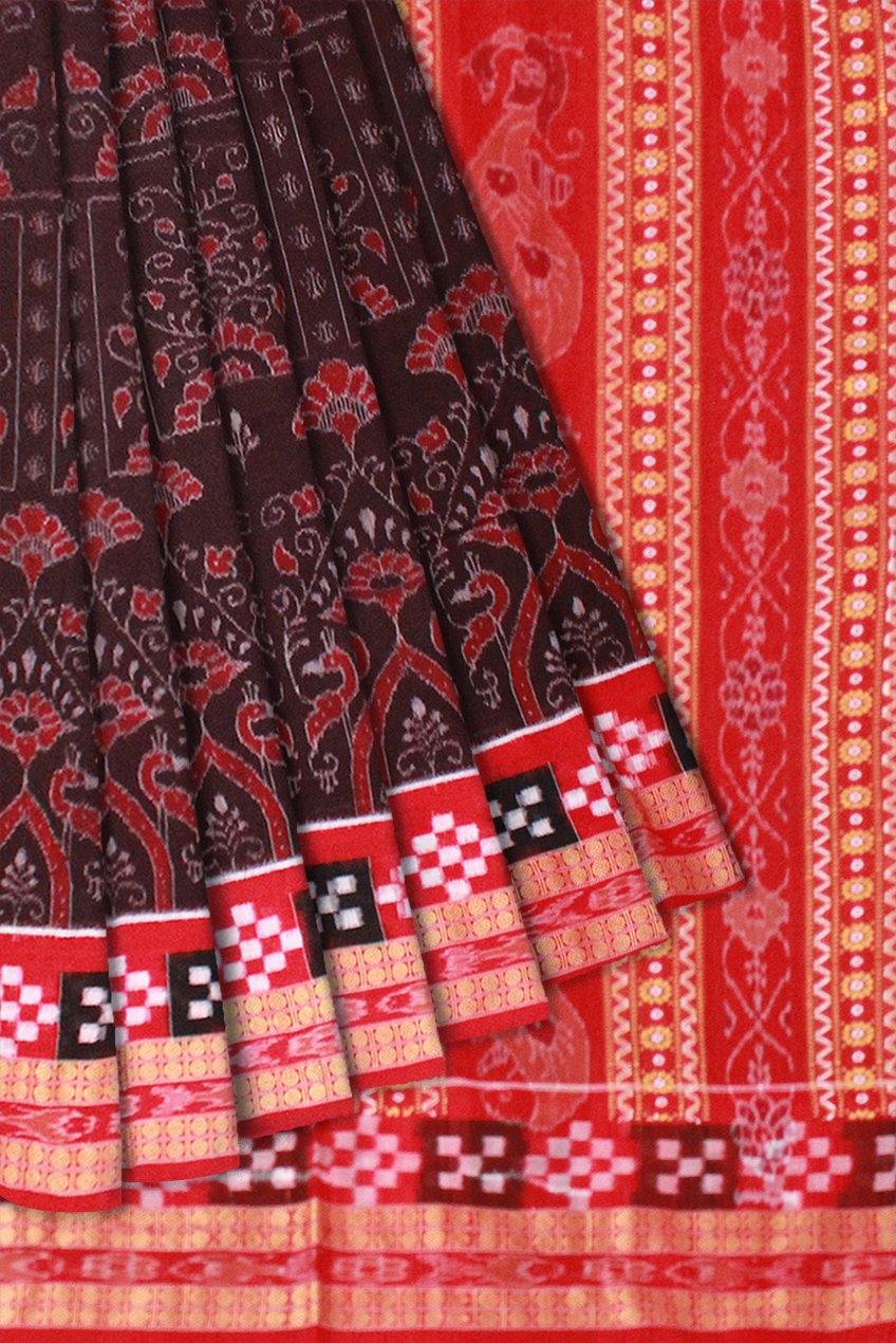 Sambalpuri Flora design Pure cotton saree in Coffee colour with Pasapali border, with blouse piece - Koshali Arts & Crafts Enterprise