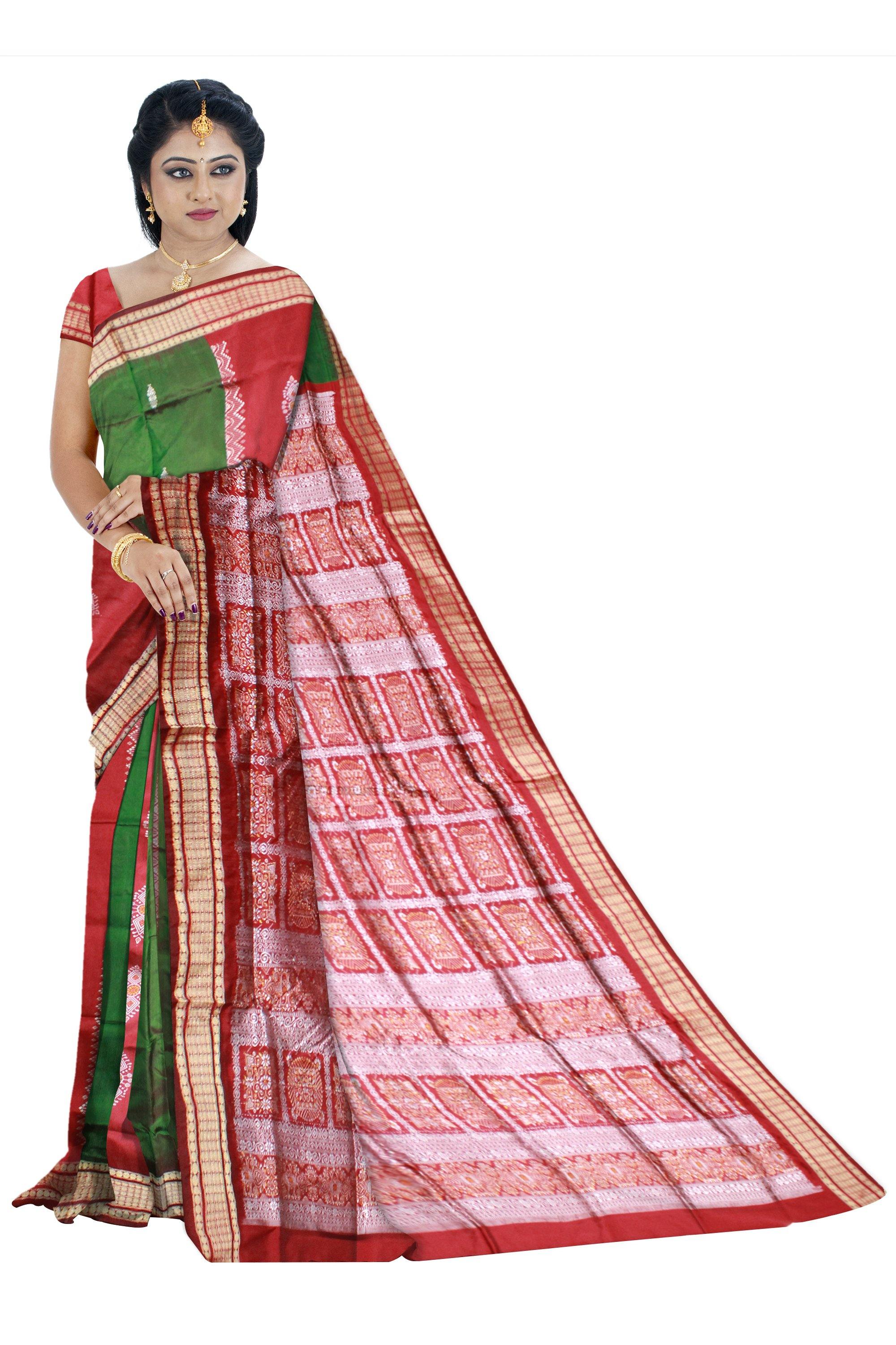 Red and Green Colour Pata Saree with Bomkei flower design with blouse piece. - Koshali Arts & Crafts Enterprise