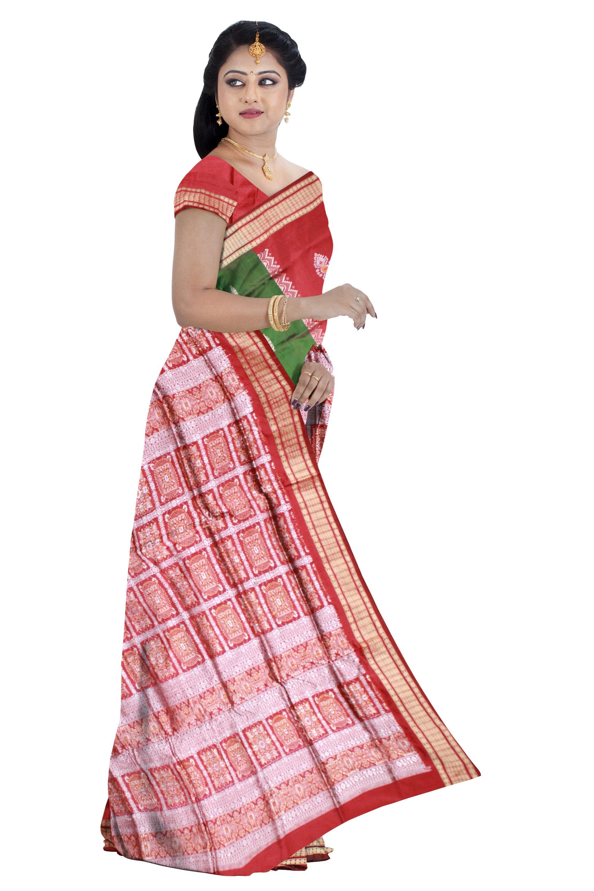 Red and Green Colour Pata Saree with Bomkei flower design with blouse piece. - Koshali Arts & Crafts Enterprise