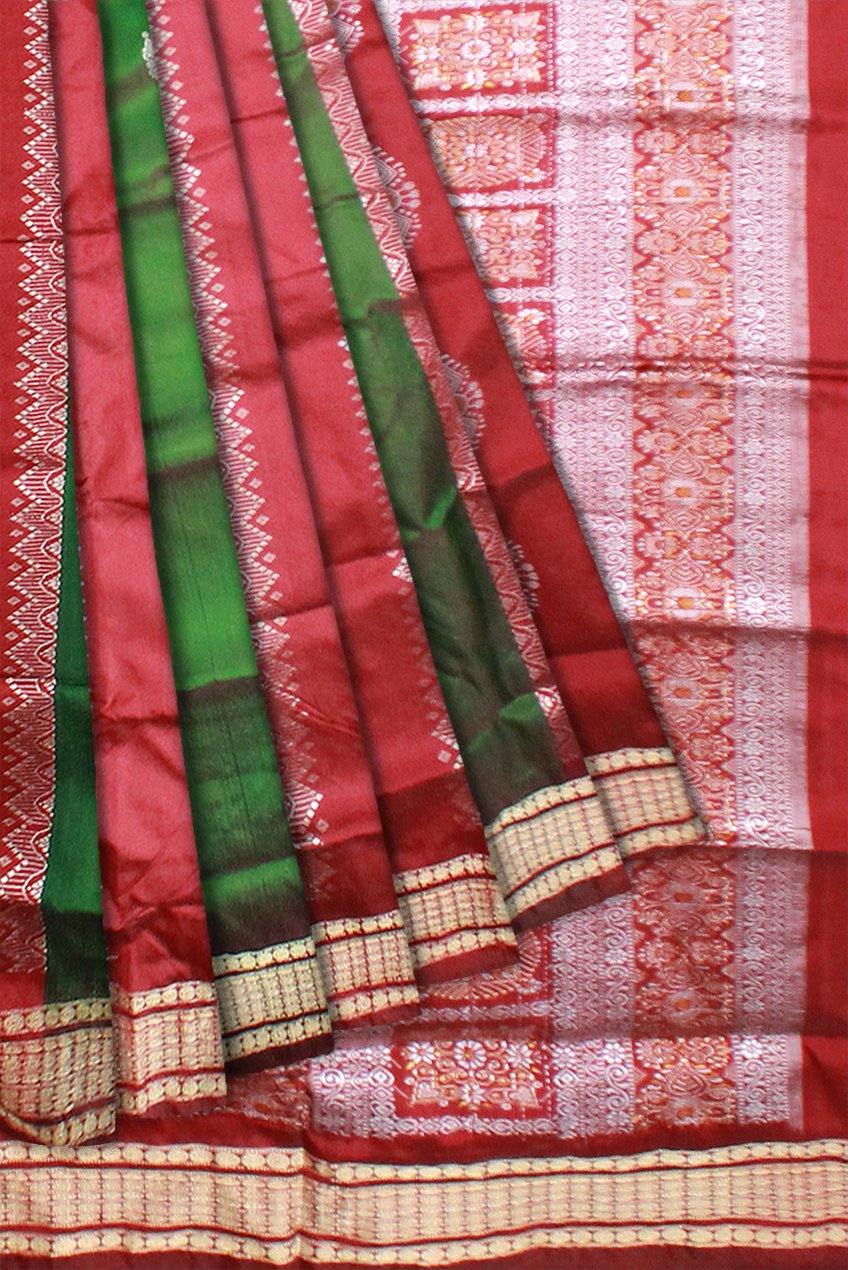 Red and Green Colour Pata Saree with Bomkei flower design with blouse piece. - Koshali Arts & Crafts Enterprise