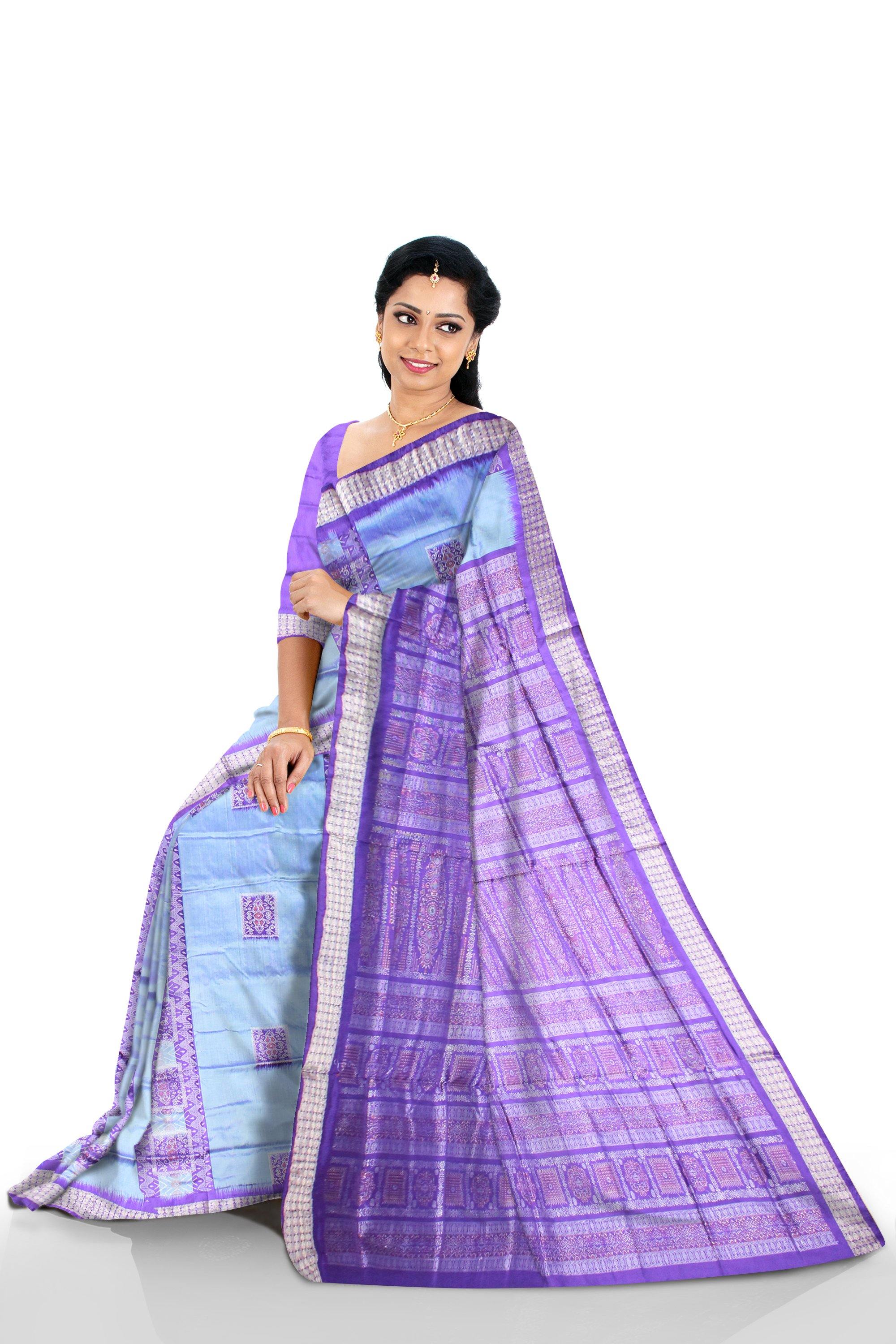 Sky Blue color Bomkei pata saree with blouse piece. - Koshali Arts & Crafts Enterprise