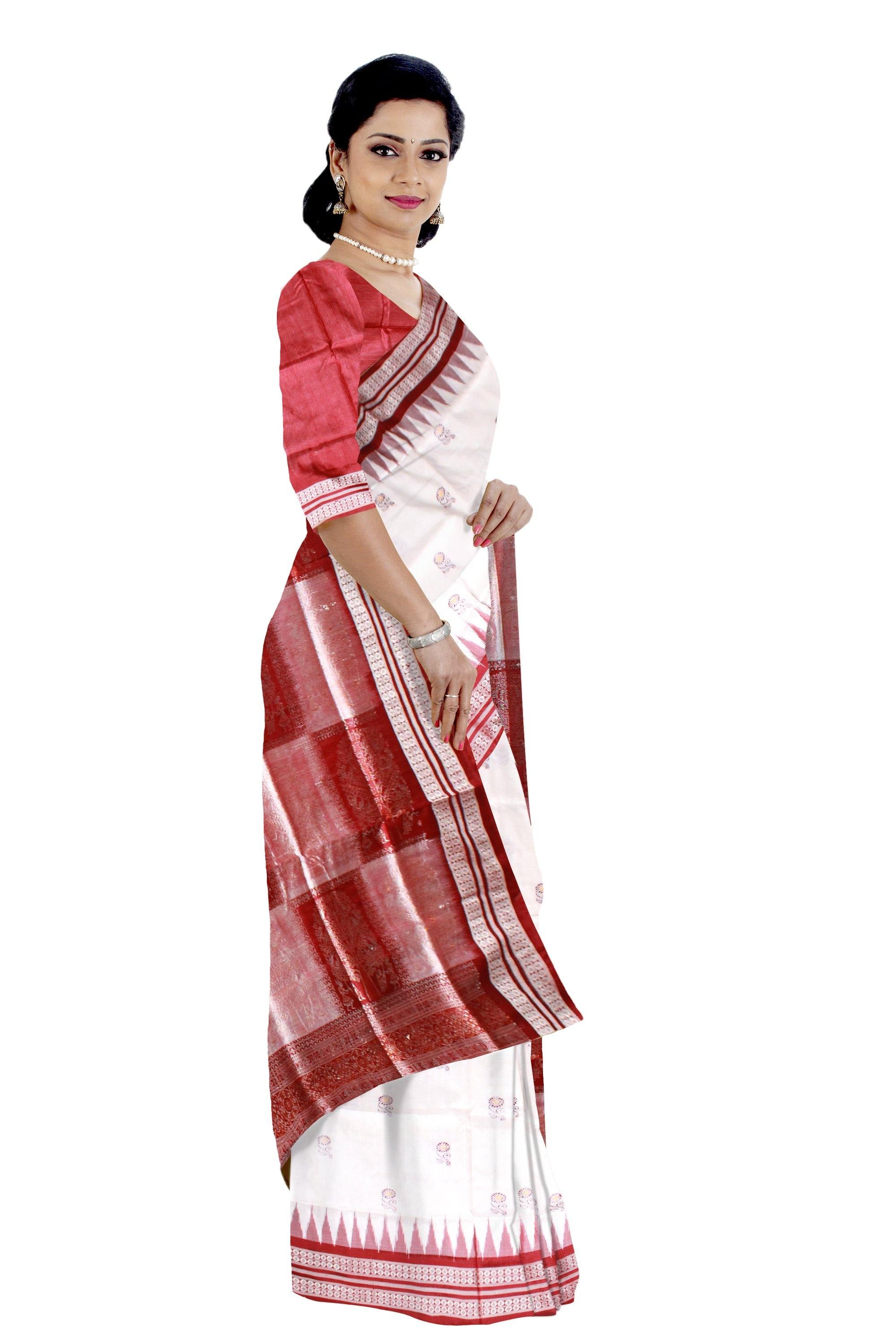 Authentic Sambalpuri pata saree in white color available with blouse piece. - Koshali Arts & Crafts Enterprise