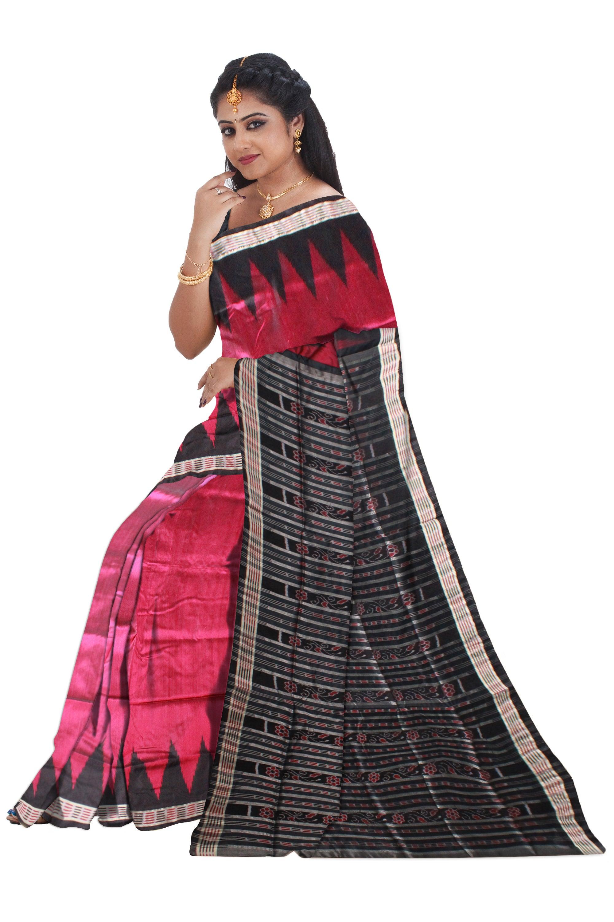 Pink color Plain body Sambalpuri Pata saree, with blouse piece. - Koshali Arts & Crafts Enterprise