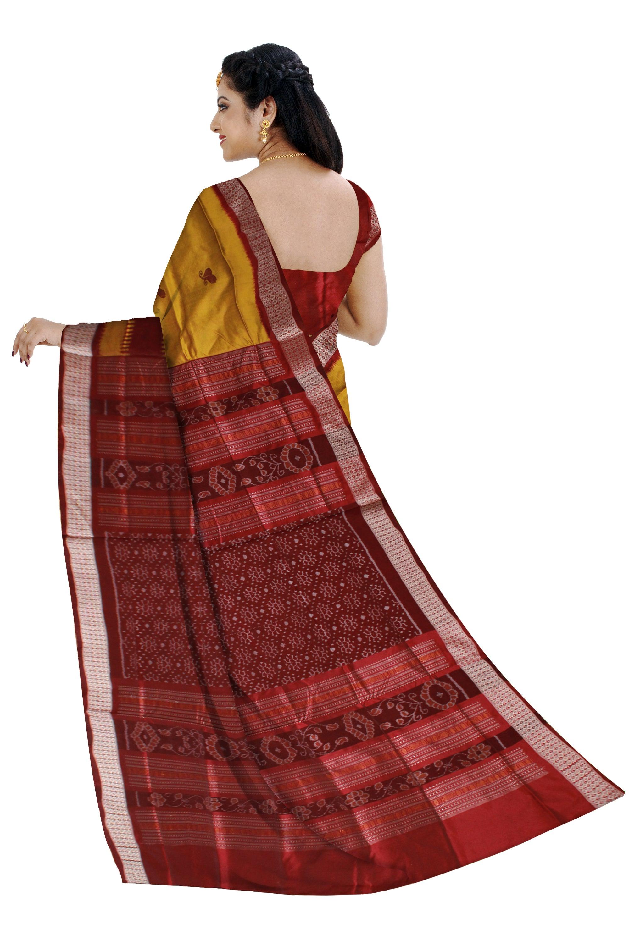 Yellow and maroon mix Sambalpuri flora print pata saree with blouse piece. - Koshali Arts & Crafts Enterprise