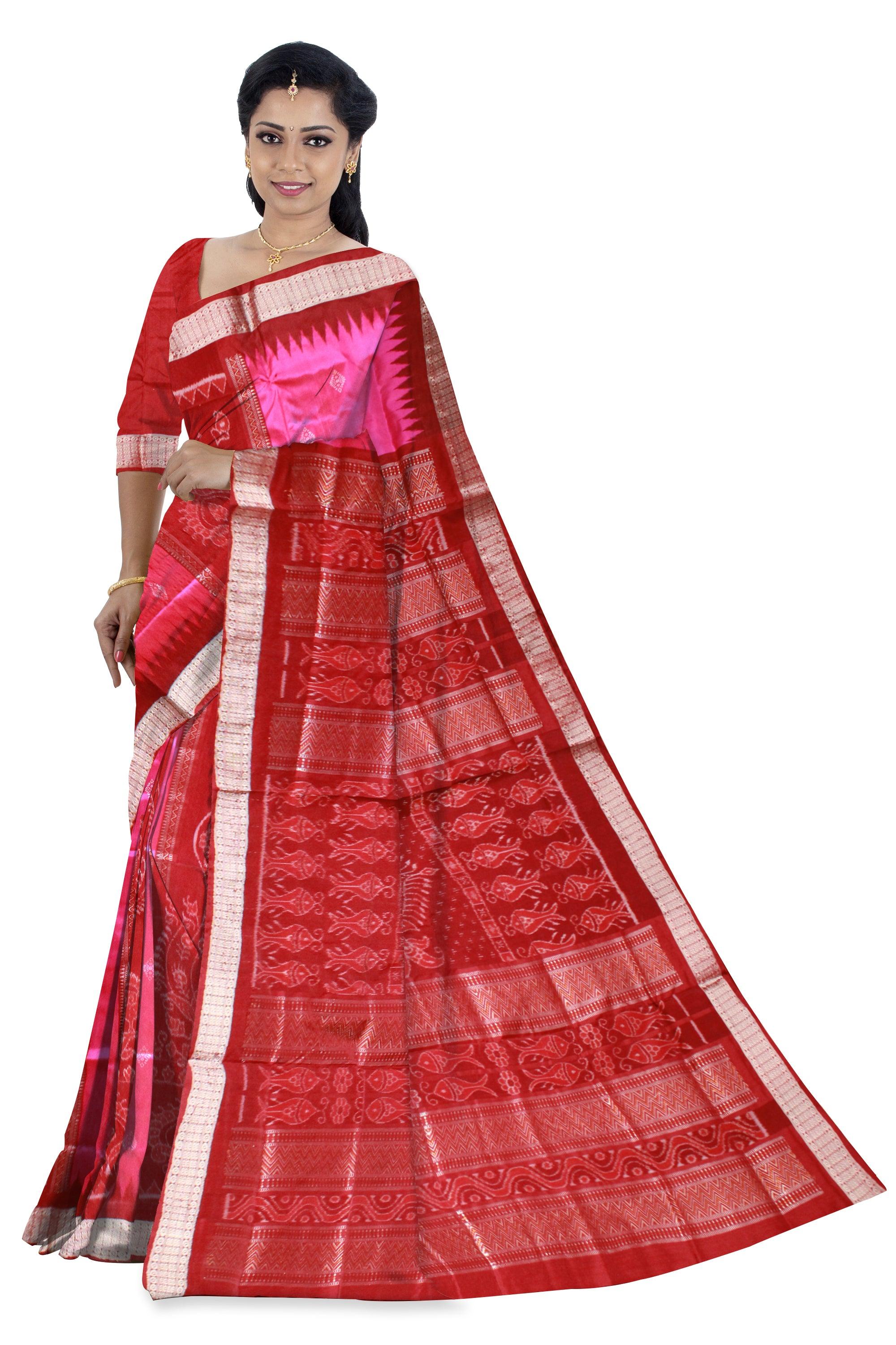 Pink and Maroon Maryuri Sambalpuri pata saree with blouse piece. - Koshali Arts & Crafts Enterprise