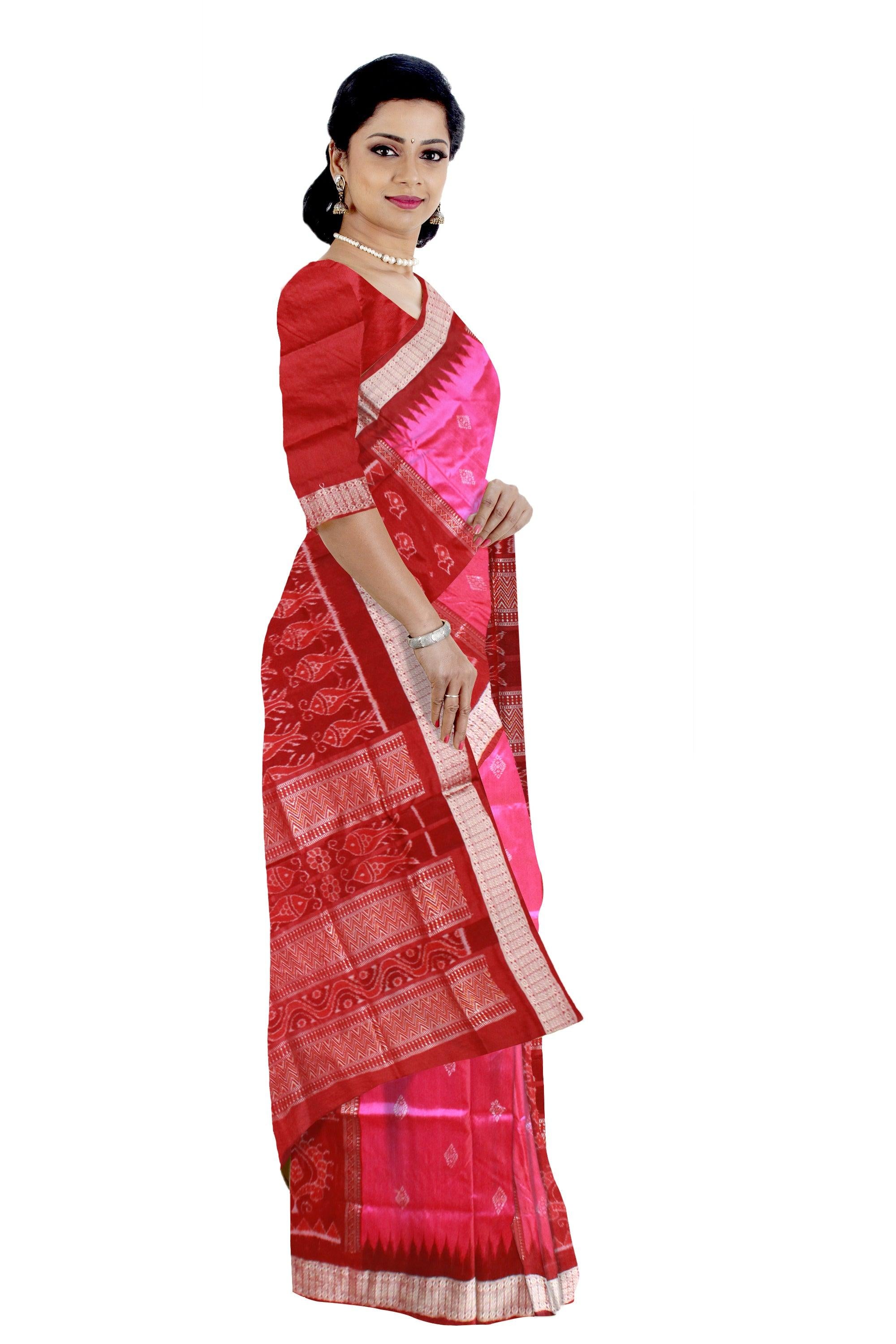 Pink and Maroon Maryuri Sambalpuri pata saree with blouse piece. - Koshali Arts & Crafts Enterprise