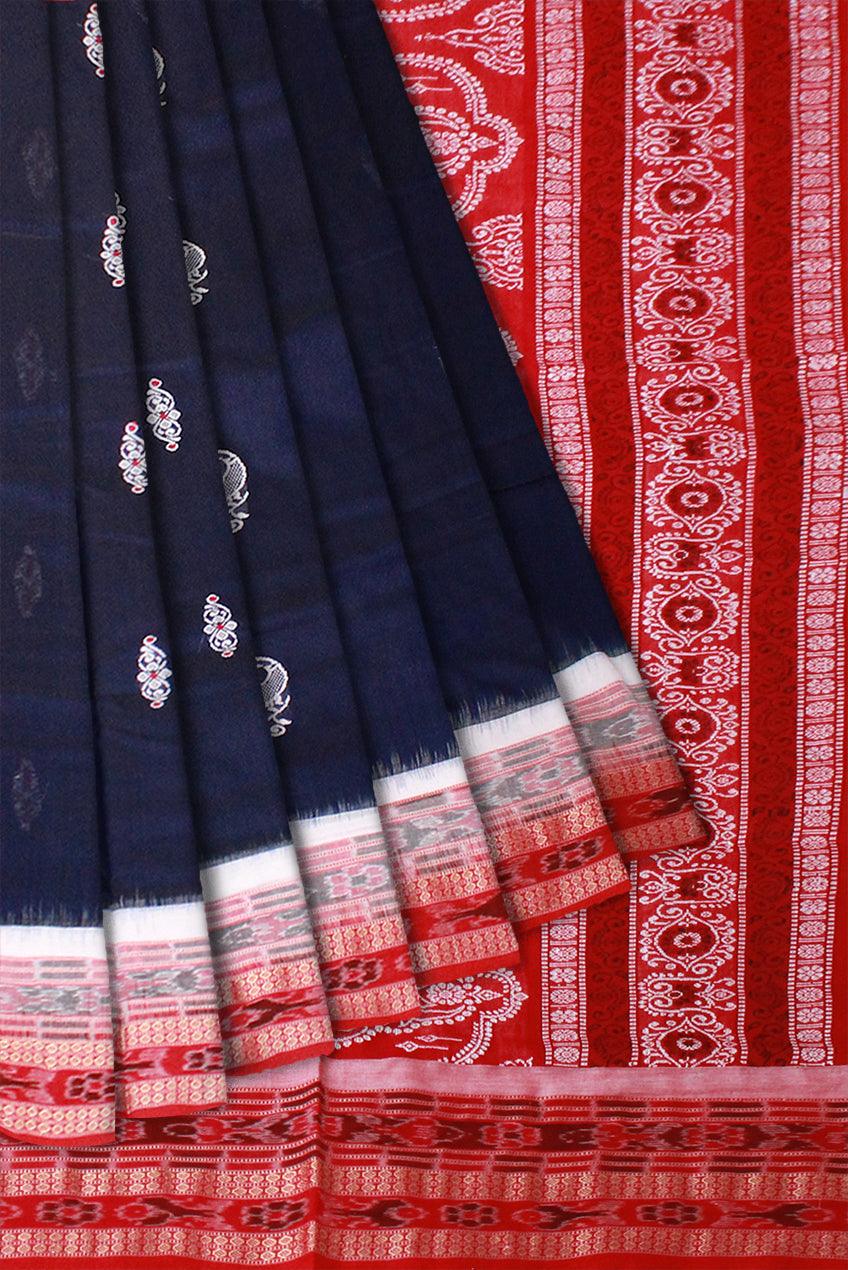 Blue color peacock bomkei Sambalpuri Cotton saree with blouse piece. - Koshali Arts & Crafts Enterprise