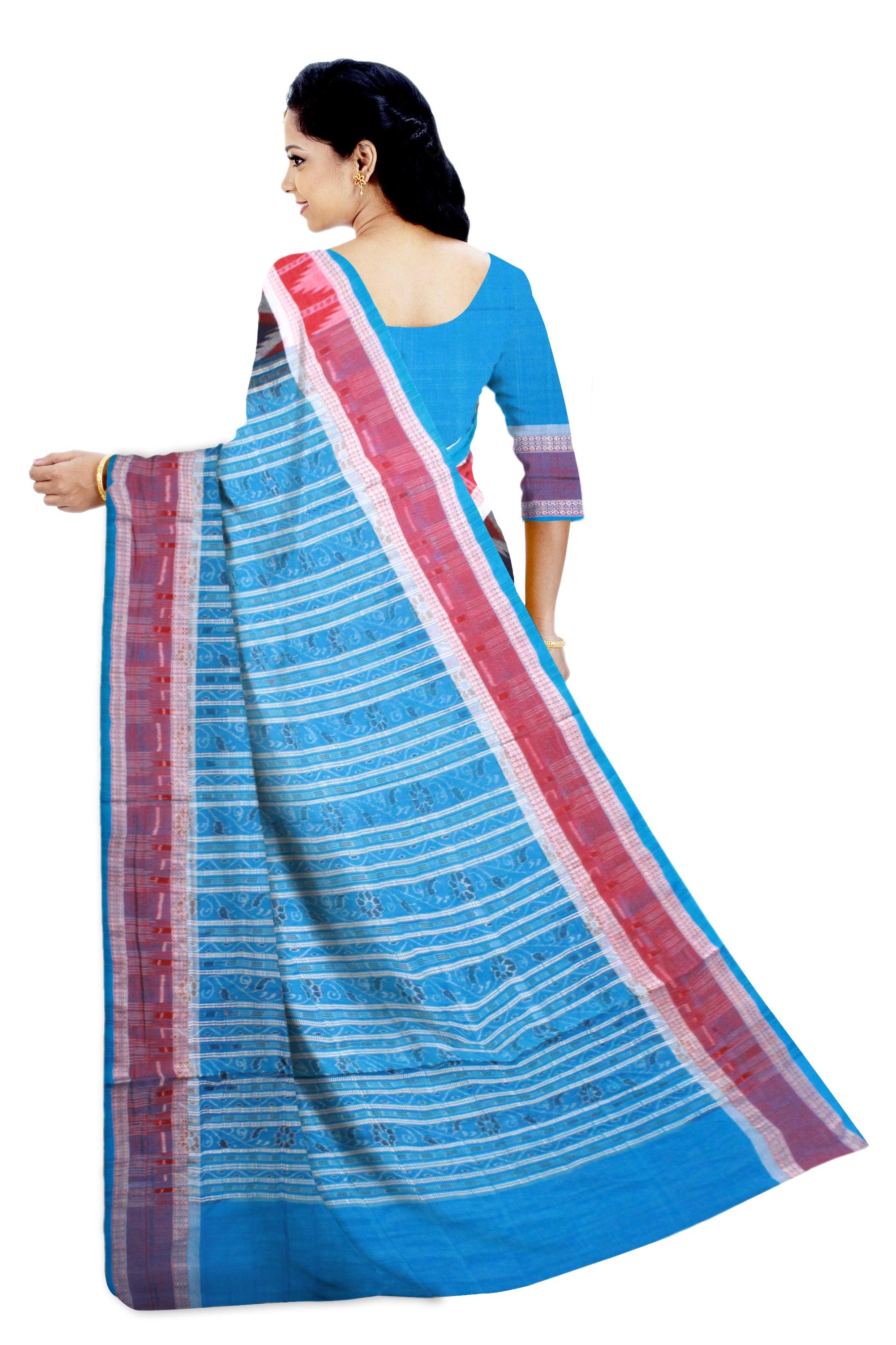 Blue color fera design Sambalpuri cotton saree with blouse piece. - Koshali Arts & Crafts Enterprise
